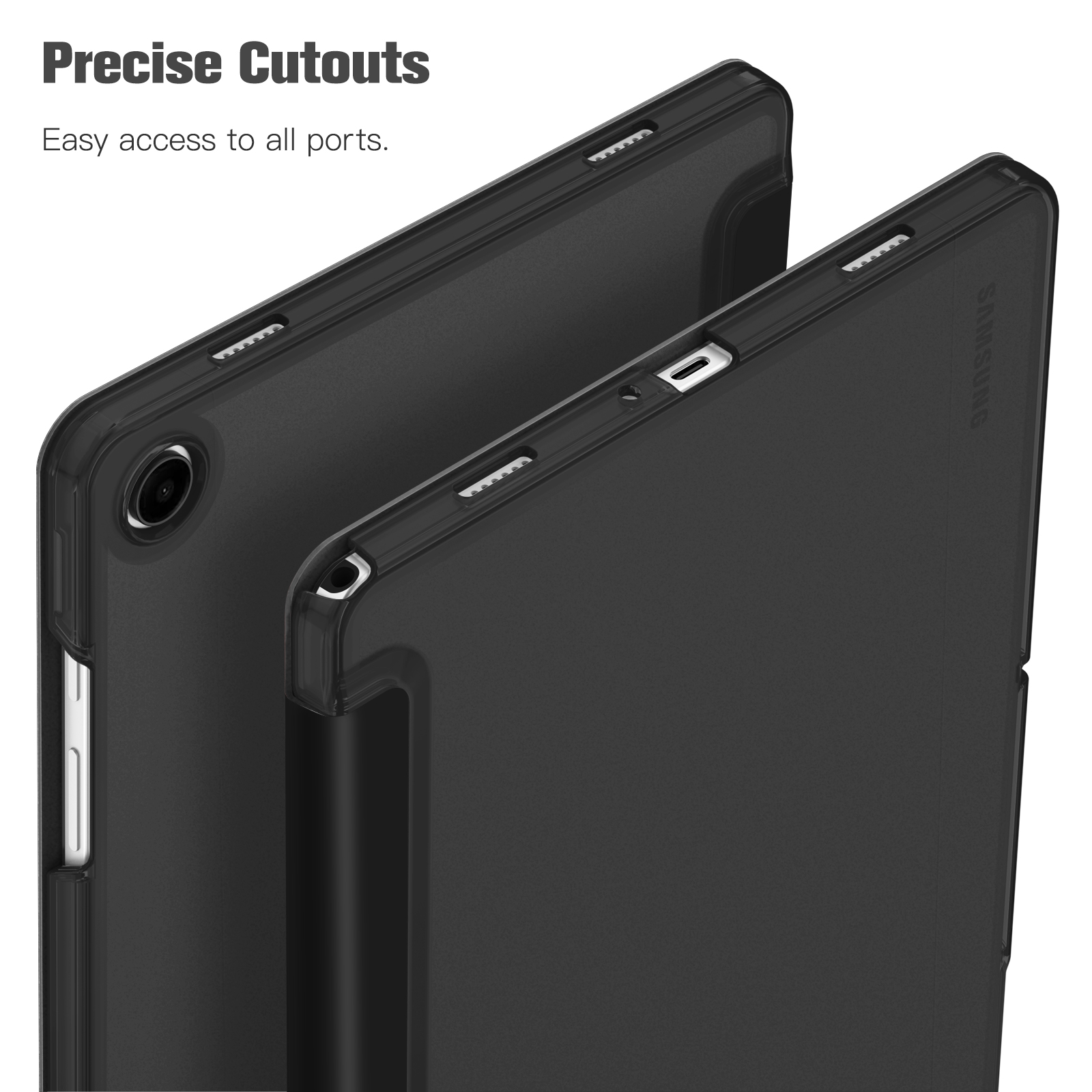 Schwarze Tablethülle mit präzisen Aussparungen für Anschlüsse. Samsung-Logo sichtbar.