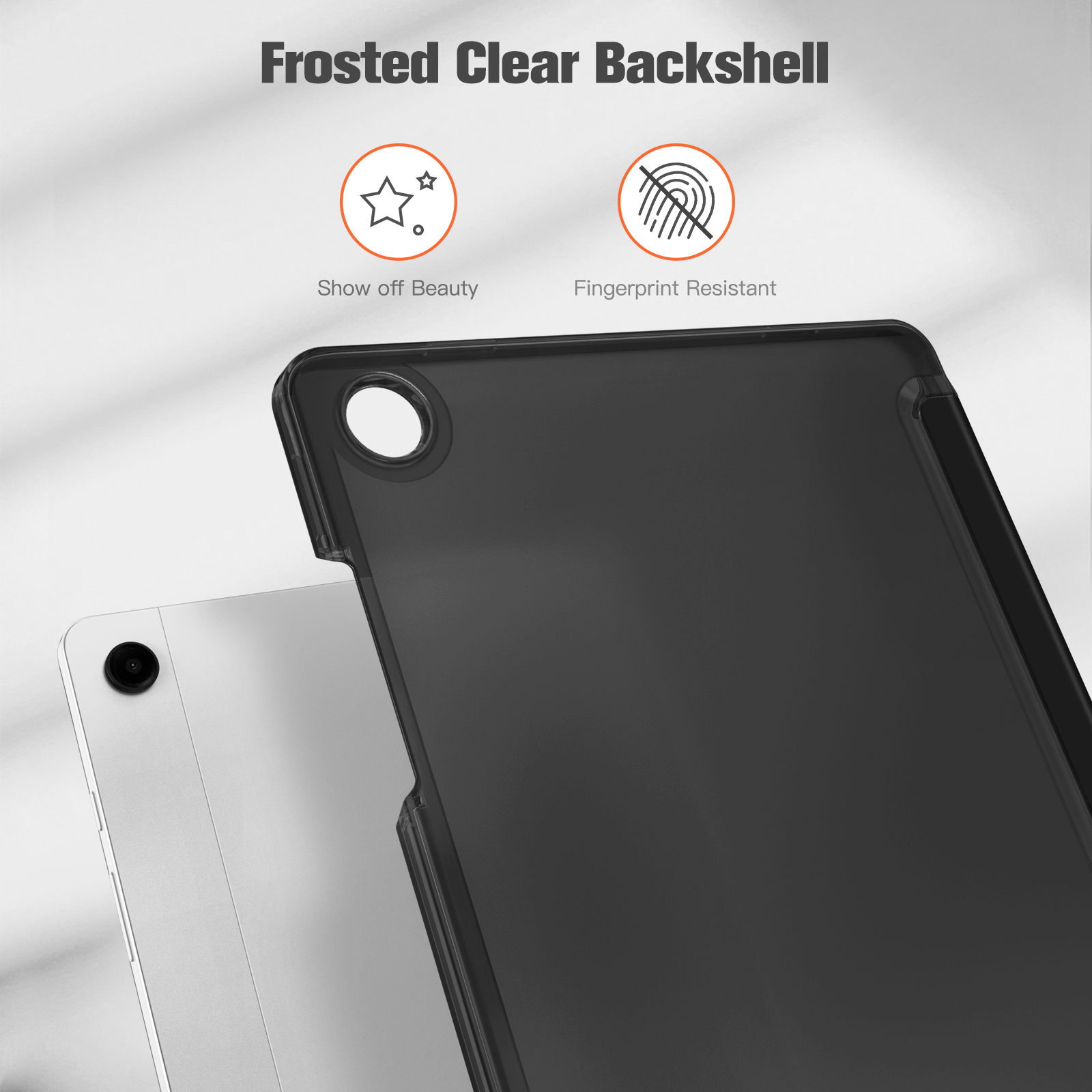 Eine schwarze Tablethülle mit durchsichtigem Rücken, die ein Tablet zeigt, mit Text 'Frosted Clear Backshell'.