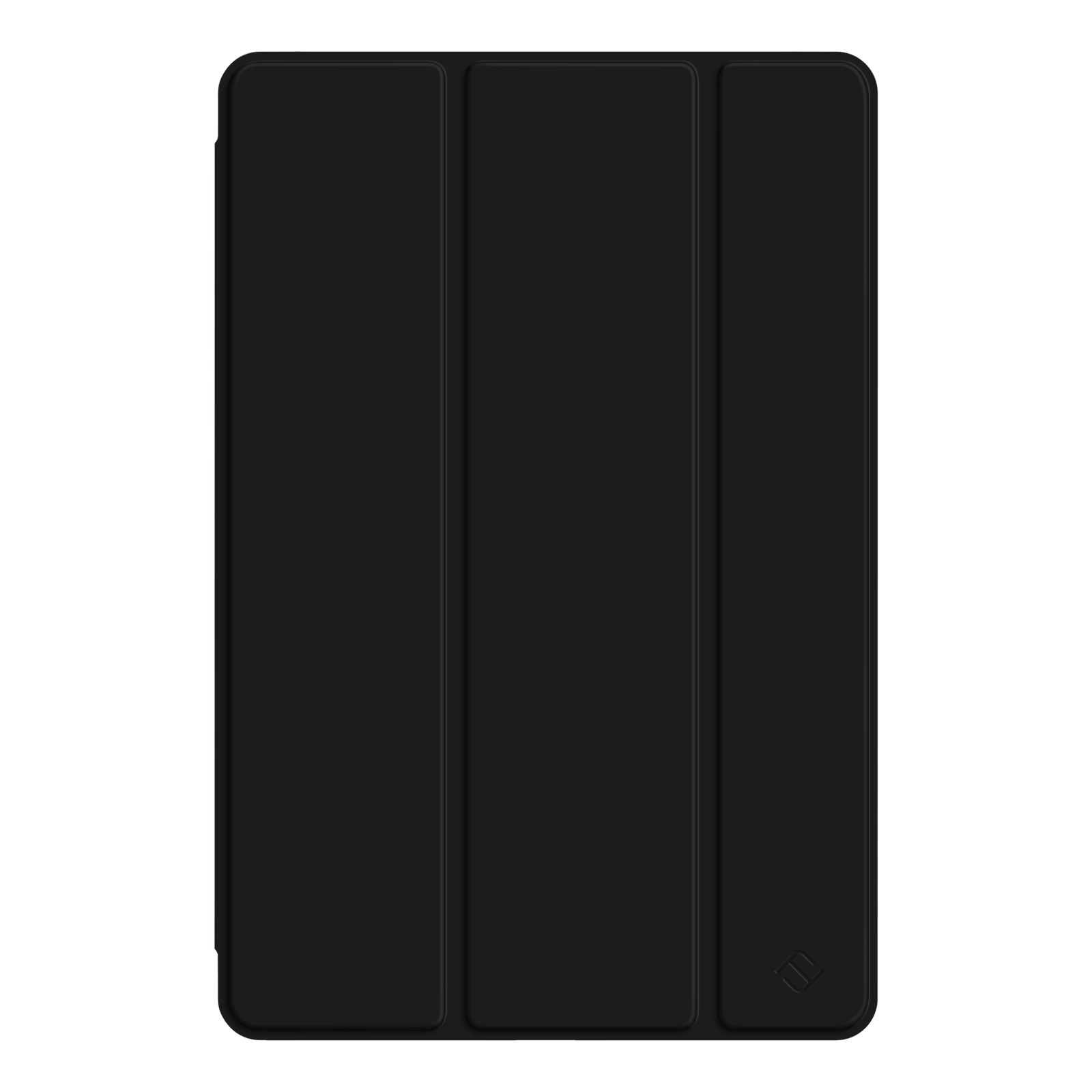 Eine schwarze Tablet-Hülle mit schlichtem, minimalistischem Design und gefalteter Vorderseite.