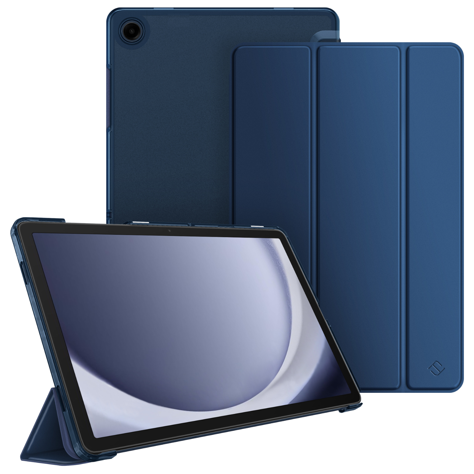 Blaues Tablet mit Hülle, Tablet zeigt Bildschirm mit dem Text Galaxy Tab A9+.