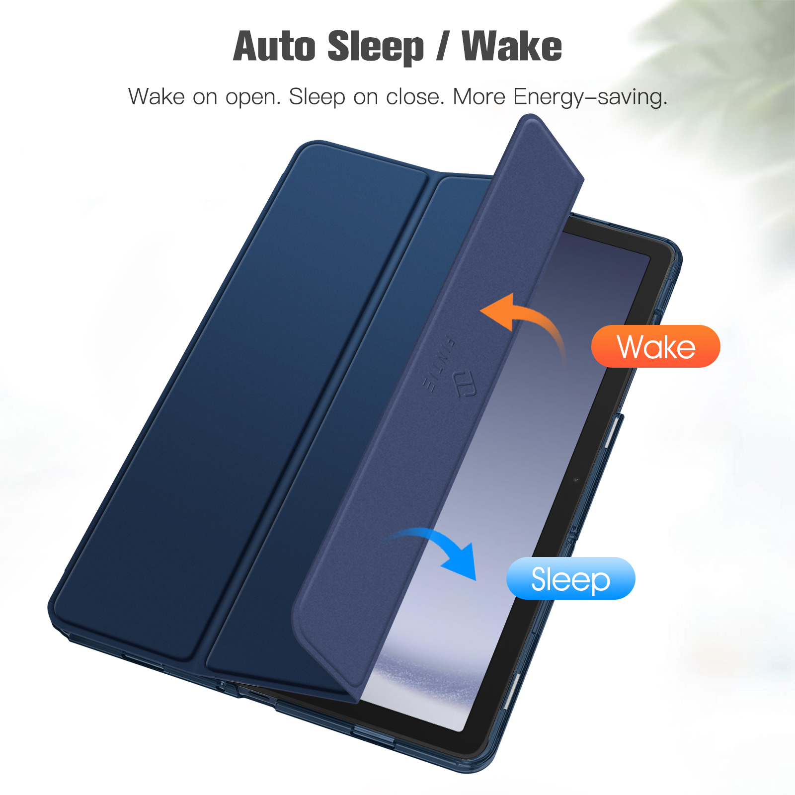 Blaue Tablet-Hülle, geöffnet. Der Bildschirm zeigt Tablet und Text über Wake/Sleep.
