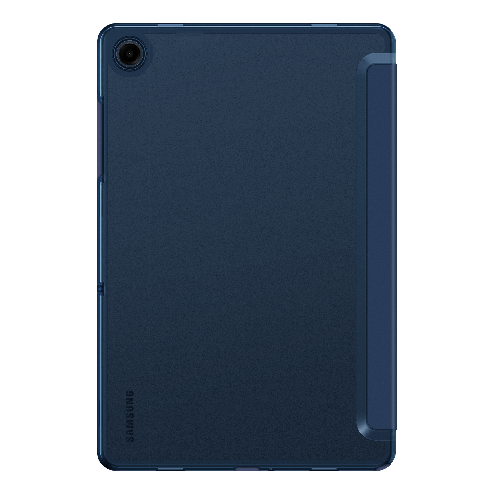 Dunkelblaue Tablethülle mit Kameraausschnitt und Klappdeckel auf weißem Grund.