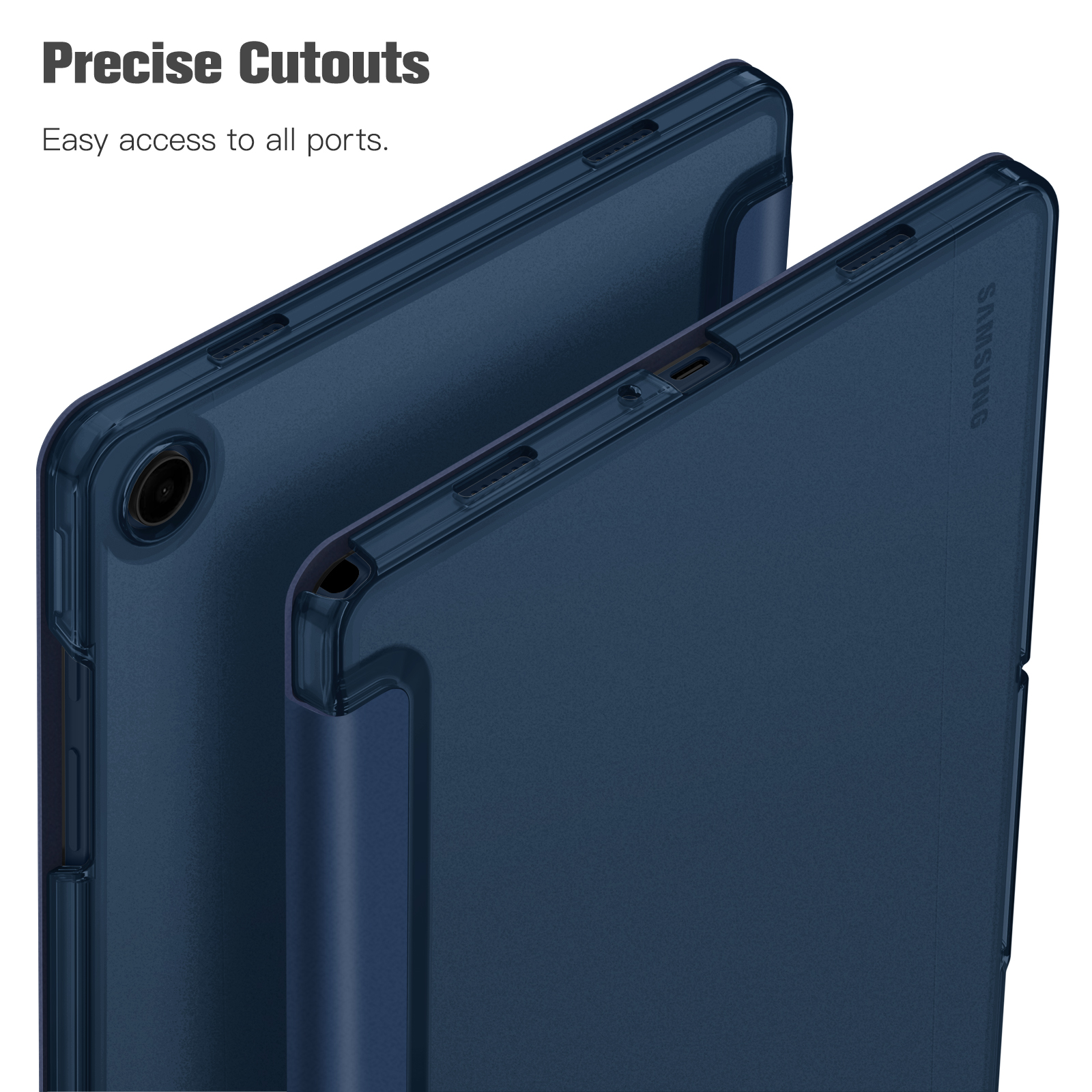 Zwei blaue Tablet-Hüllen, Nahaufnahme der Rückseite mit präzisen Aussparungen und Samsung-Logo.