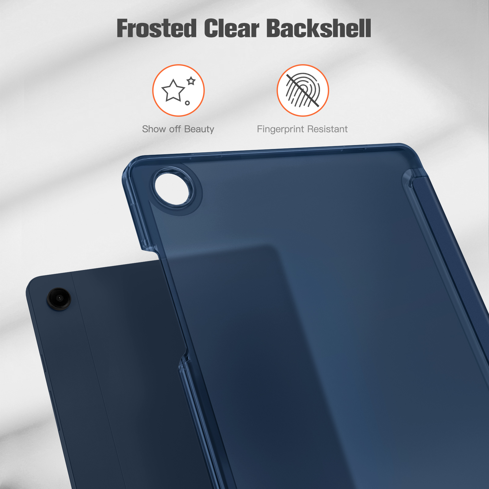 Eine klare blaue Tablet-Rückseite mit mattierter Oberfläche, die Schönheit und Fingerabdruckresistenz zeigt, auf Weiß.