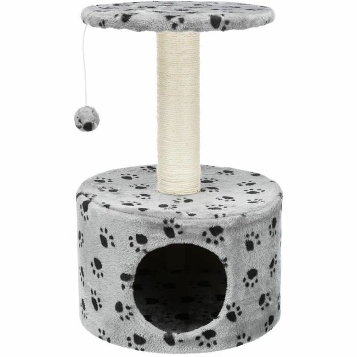 Albero per gatti con design a impronte grigie. Ha una piattaforma, un palo per graffiare e un giocattolo sospeso.