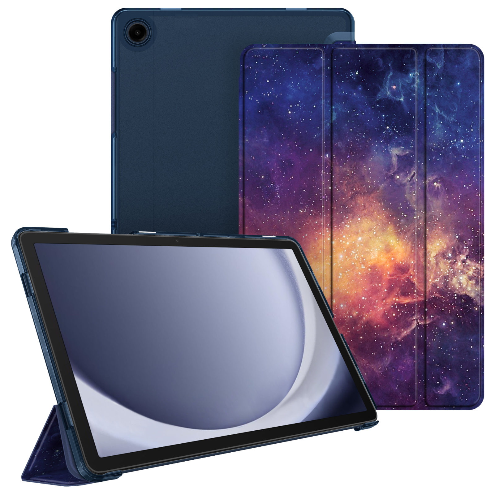 Blaue Tablethülle mit Tablet darin und Galaxiemuster auf der Abdeckung.