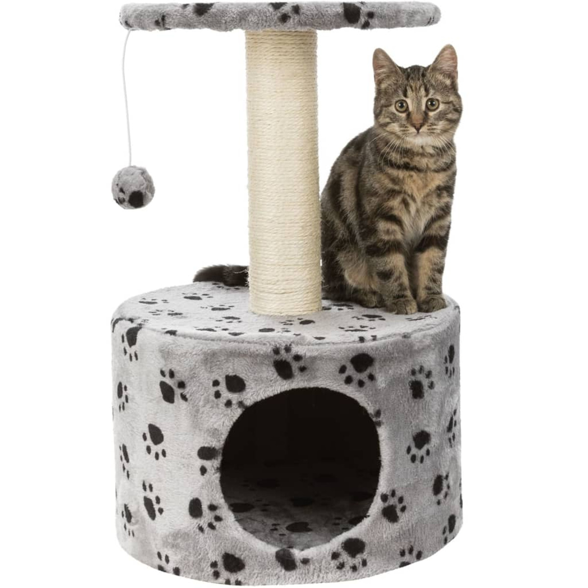 Un gatto siede in cima a un albero per gatti grigio con palo per graffiare, giocattolo appeso e impronte.