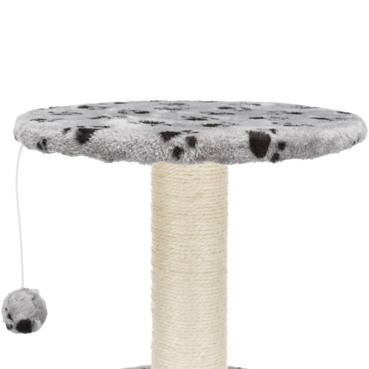 Un albero per gatti con la parte superiore maculata grigia e nera. Un giocattolo è appeso. La base è avvolta in sisal.