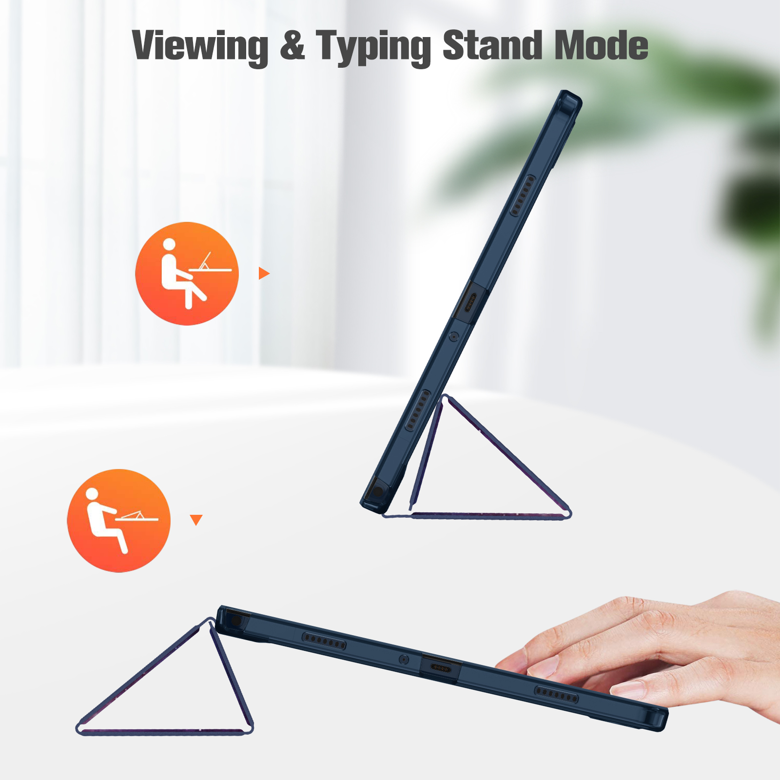 Tablet-Hülle im Anzeige- und Tippmodus. Zeigt das Tablet in verschiedenen Winkelpositionen.