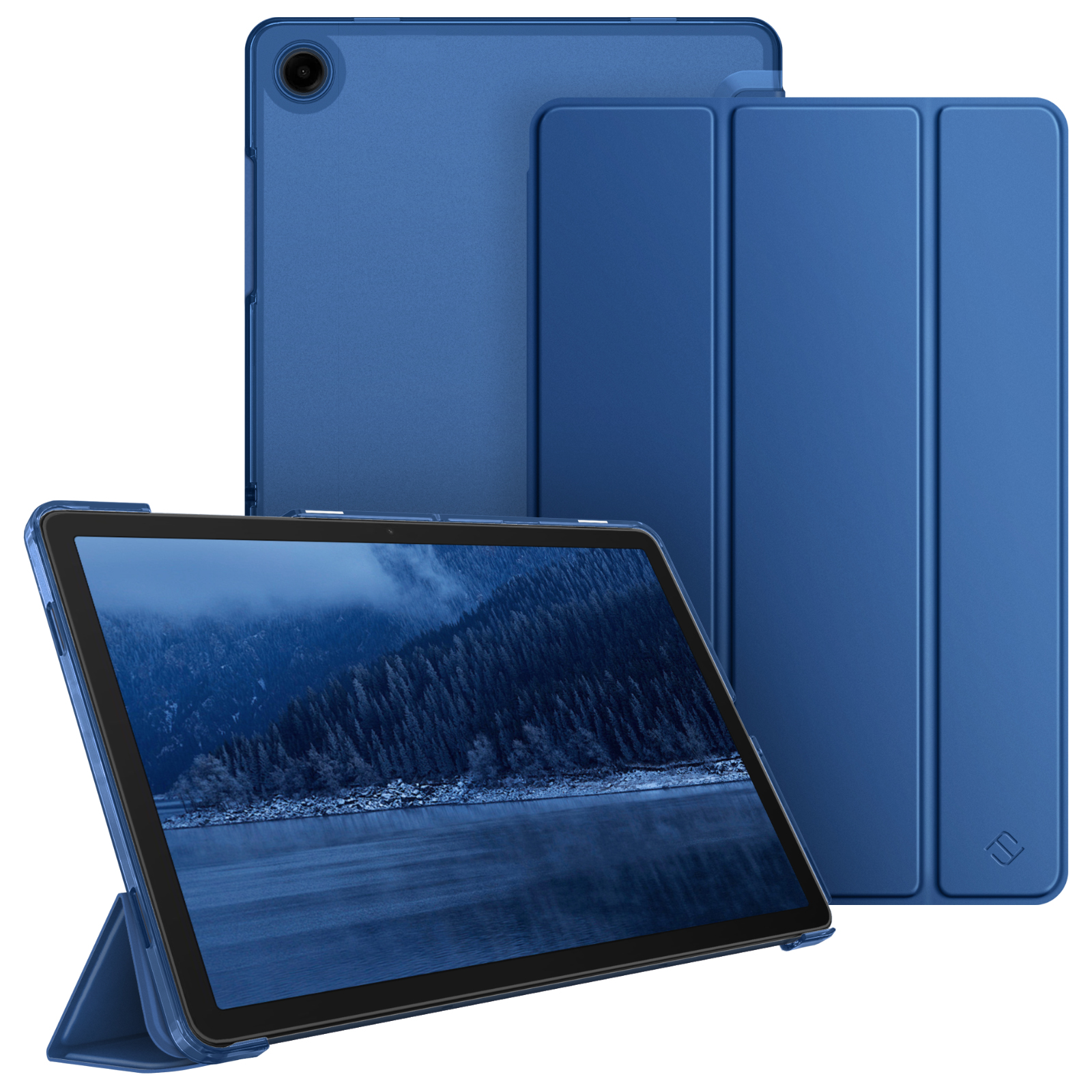 Drei blaue Tablets, eins mit Waldsee, zwei mit Hüllen.