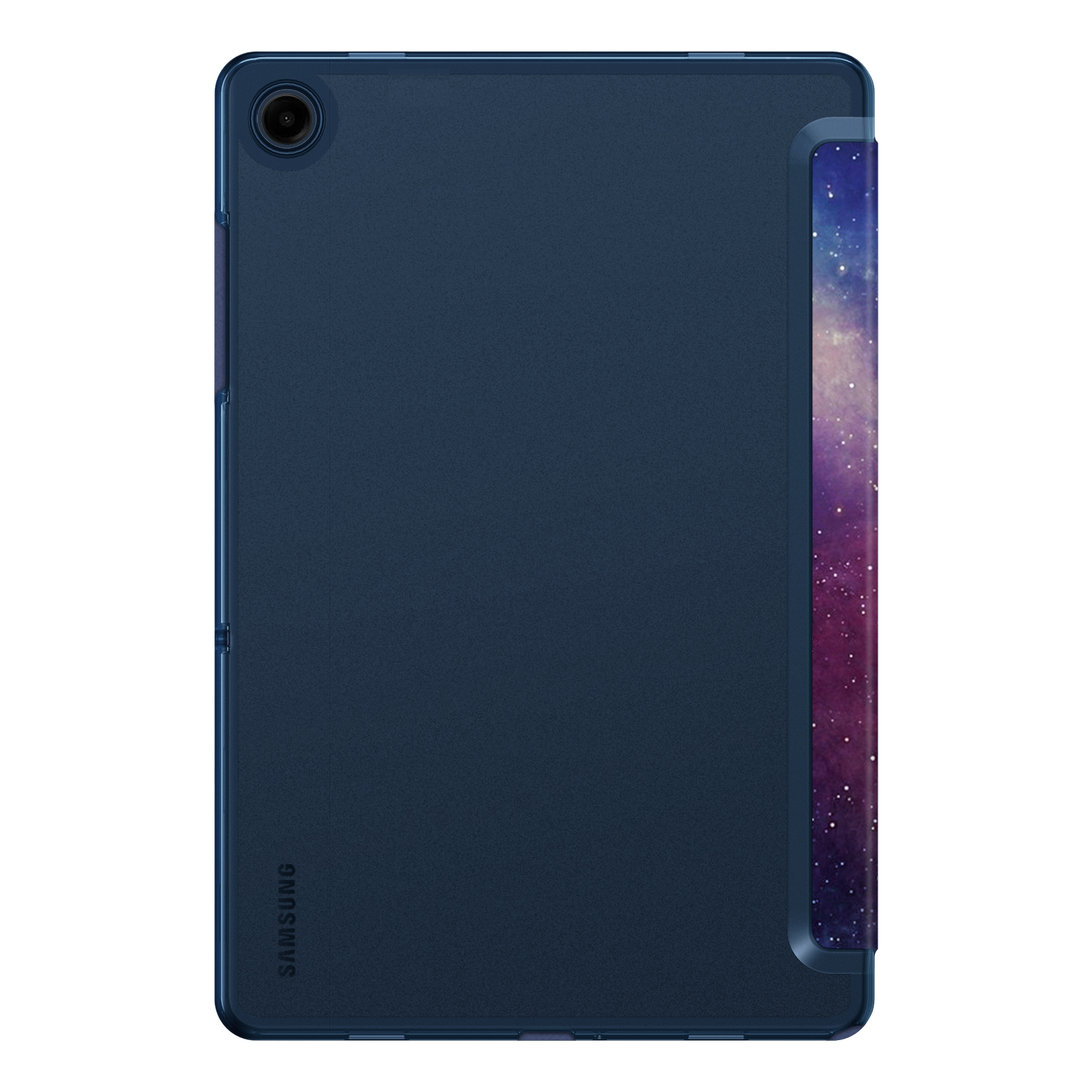 Dunkelblaue Tablet-Hülle mit Weltraum-Motiv. Die Rückseite ist dunkler blau.