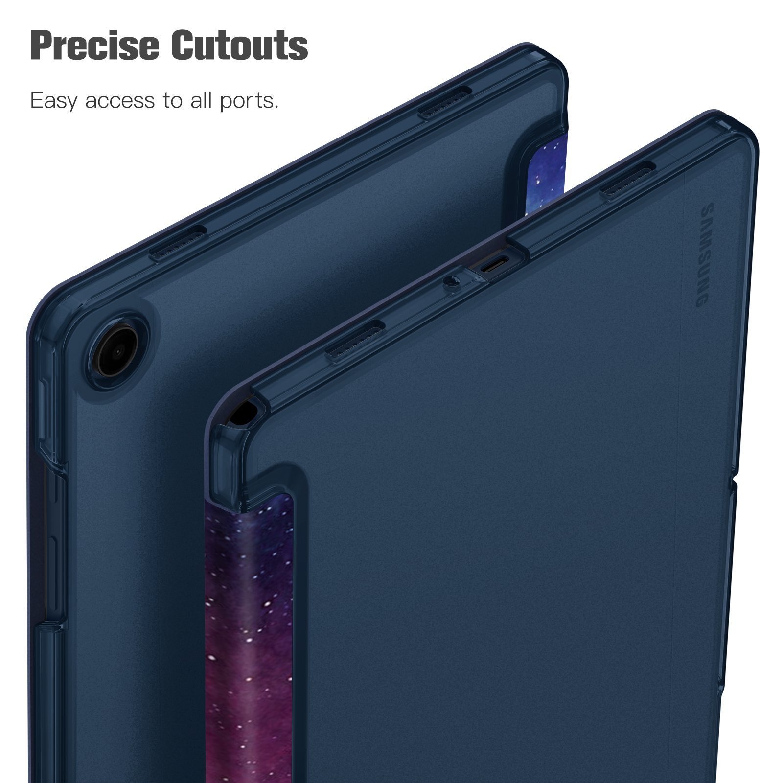 Zwei blaue Tablethüllen, überlappend. Nahaufnahme der Rückseite mit Aussparungen und Samsung-Logo.