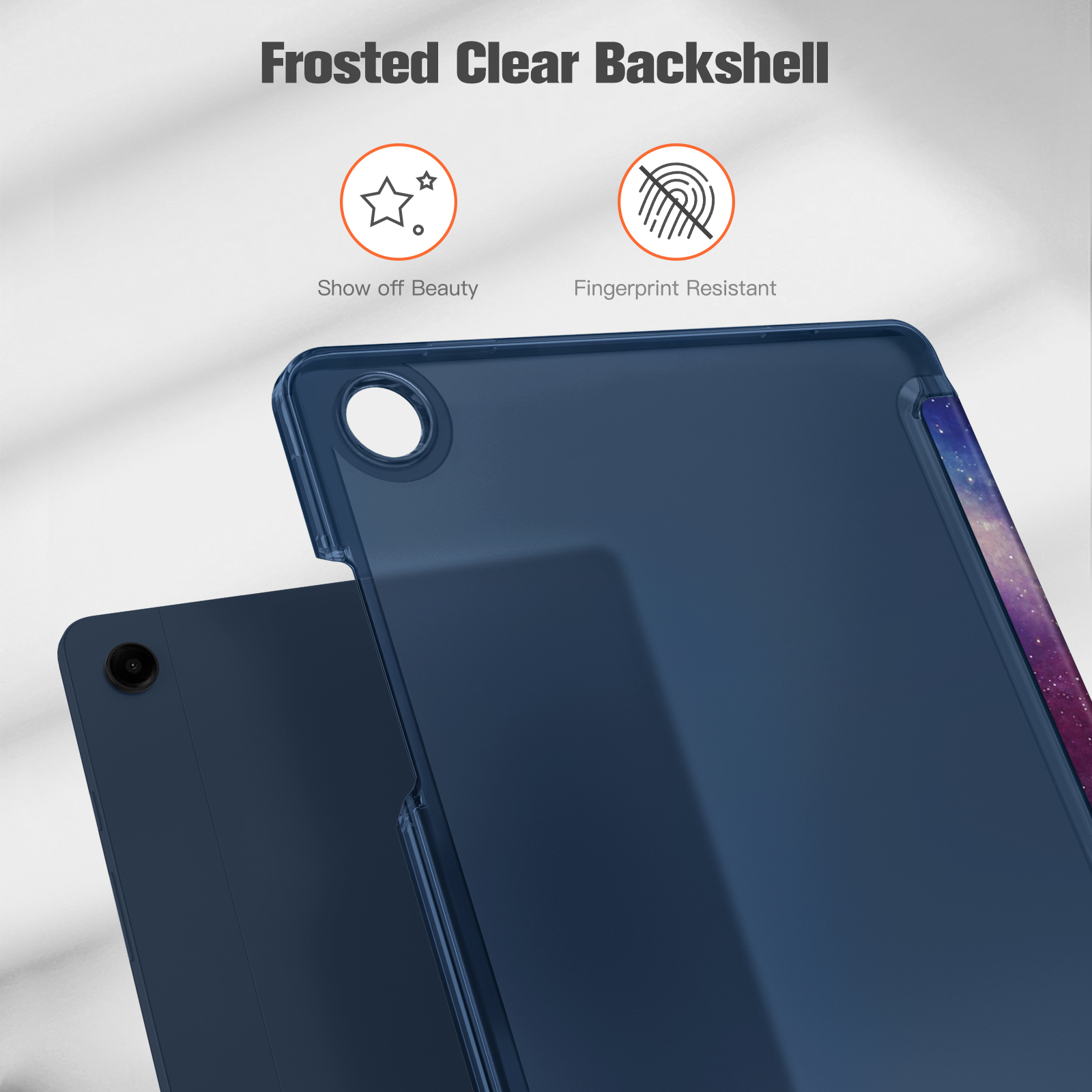 Eine blaue Tablet-Backshell mit einem transparenten Bereich und Text oben. Es ist auf weißem Grund.