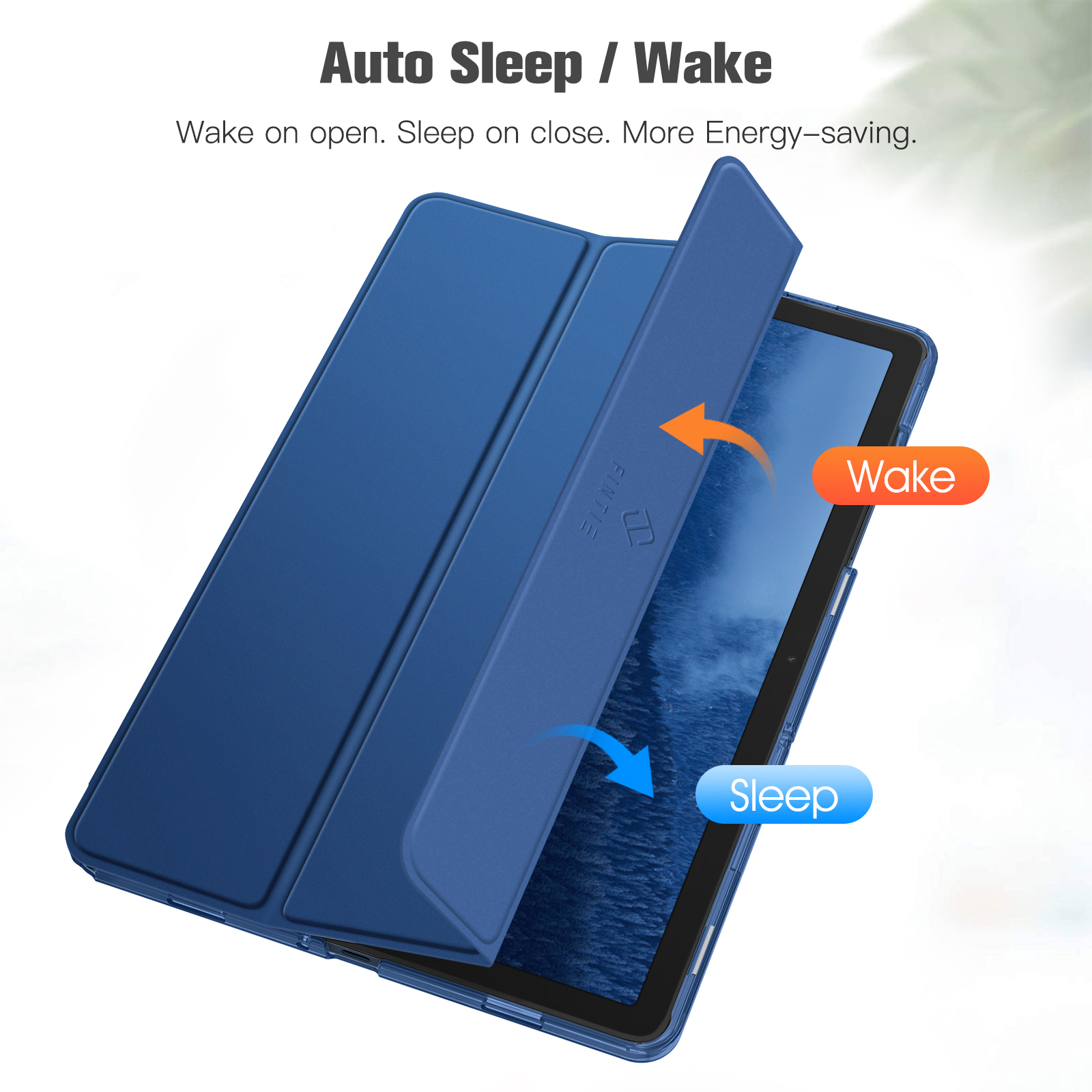 Blaue Tablet-Hülle offen, mit Text zur Auto-Sleep/Wake-Funktion.