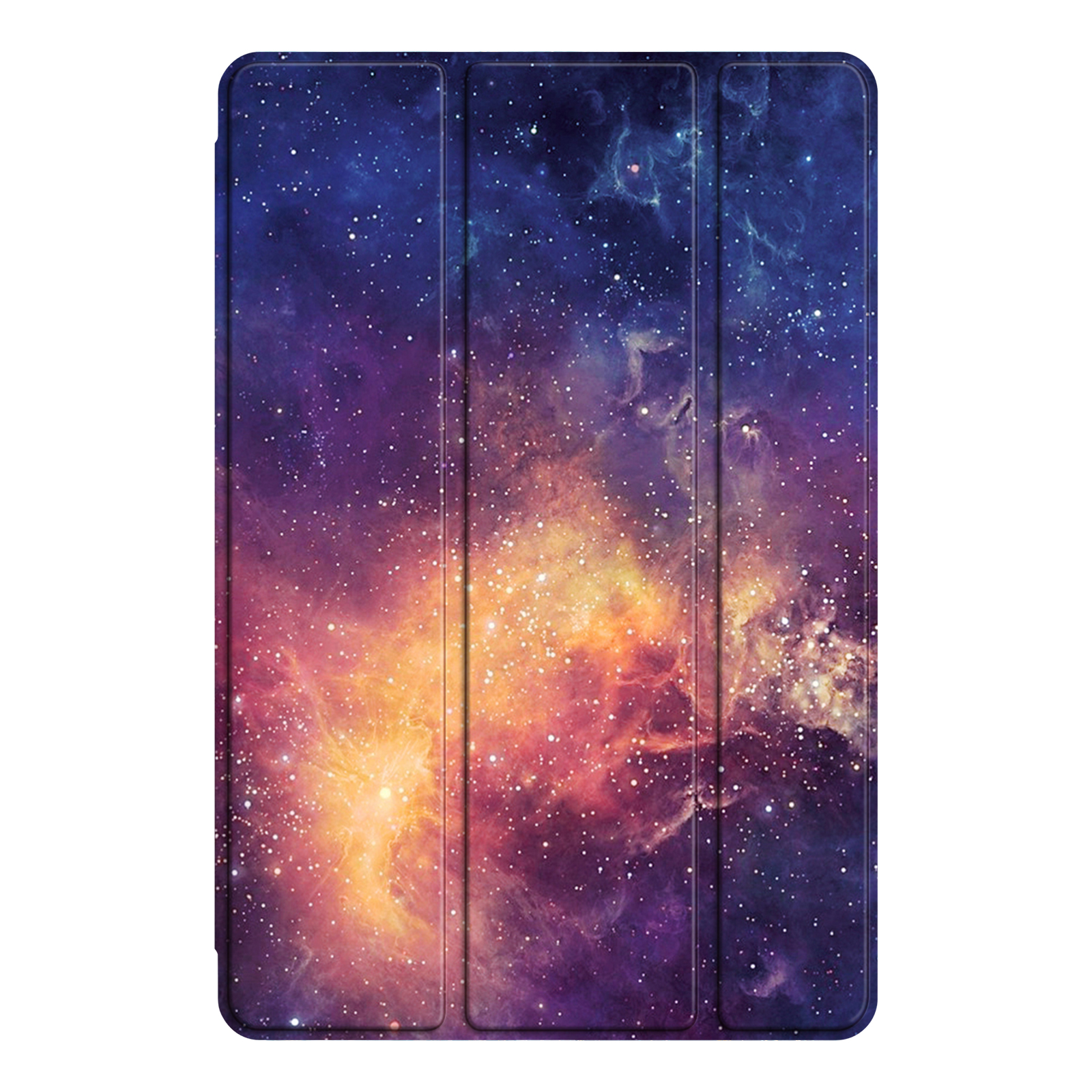 Tablethülle mit Galaxien-Design. Das Design umfasst Sterne, Planeten und farbenfrohe Nebel vor dunklem Hintergrund.