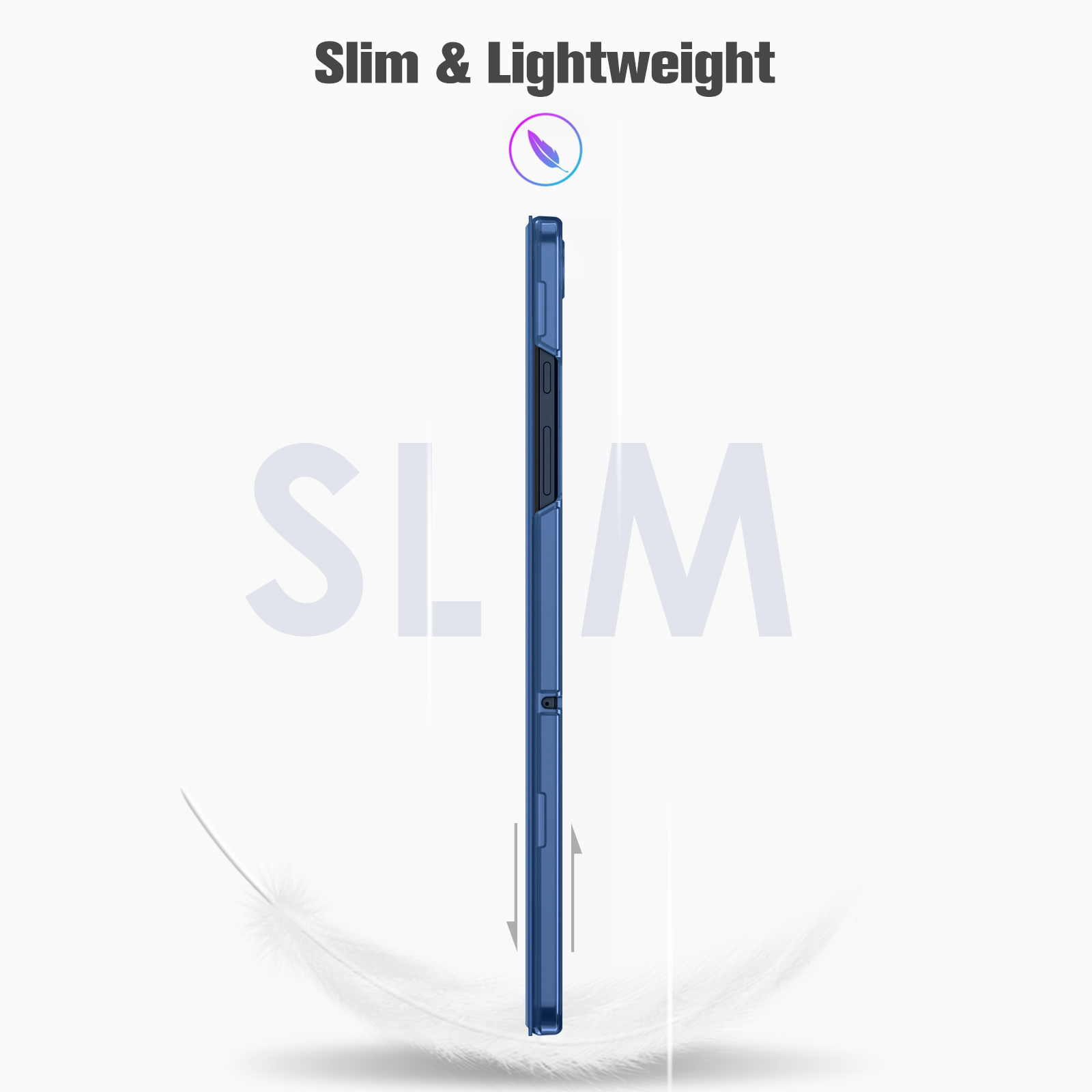 Seitenprofil einer blauen Handyhülle mit dem Wort "SLIM" an der Seite, Text "Slim & Lightweight".