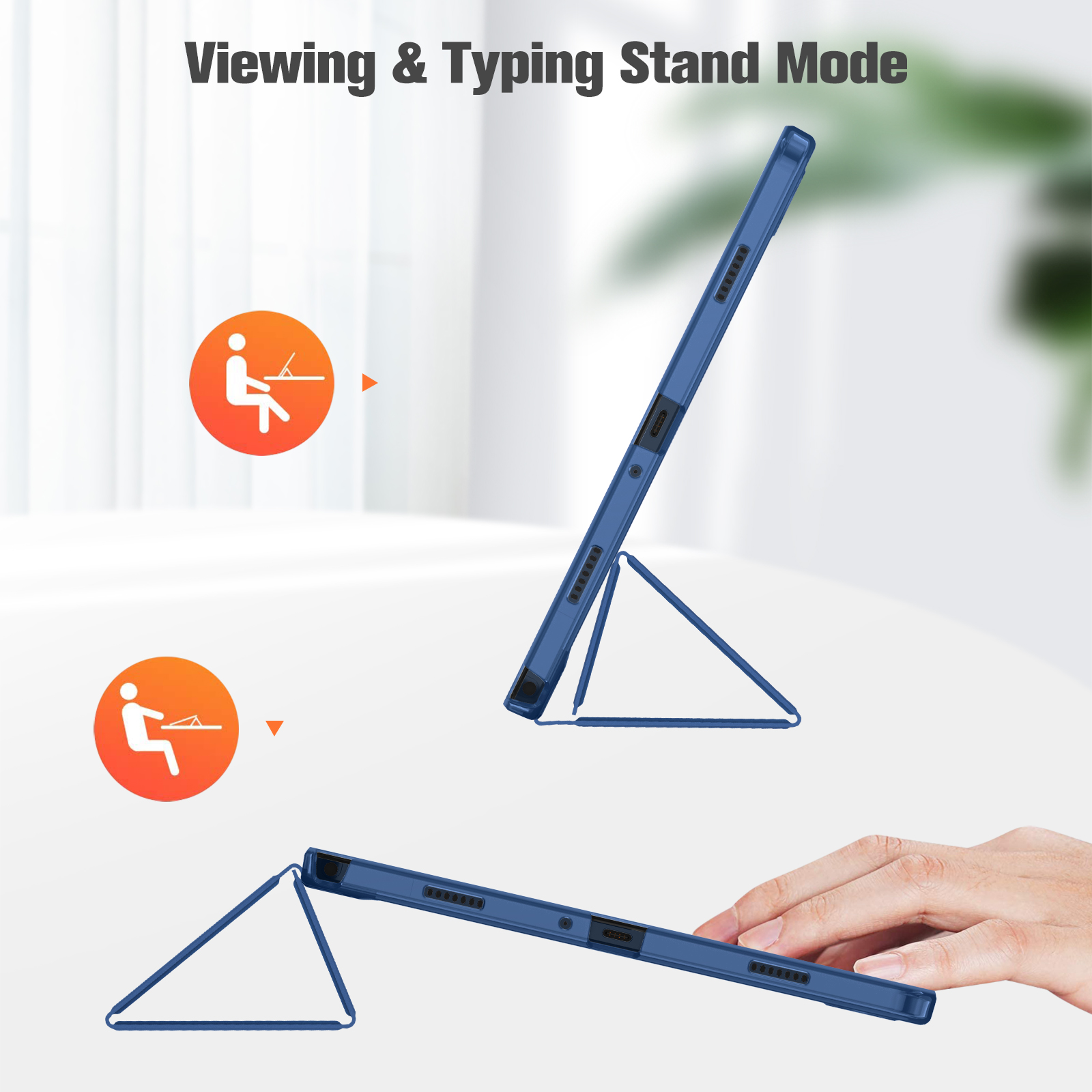 Blaue Tablethülle in zwei Positionen, mit Text 'Viewing & Typing Stand Mode' und orangefarbenen Icons.