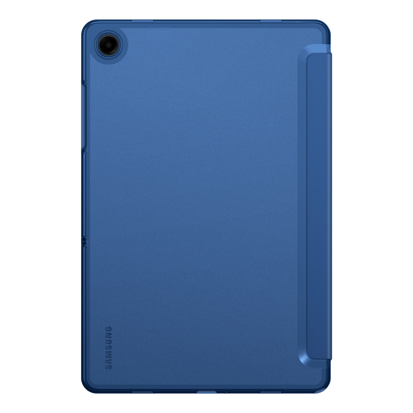 Ein blaues Tablet mit Schutzhülle. Das Tablet hat eine Kamera in der oberen Ecke.