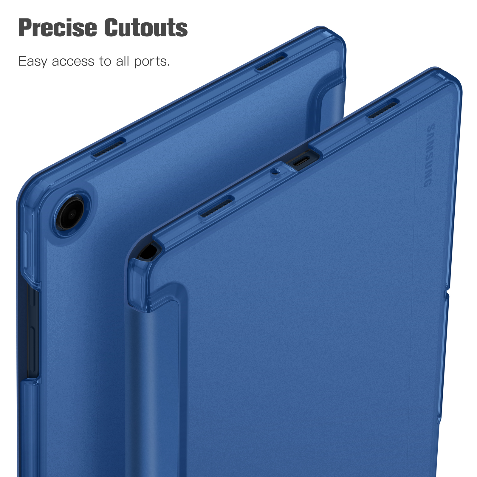 Zwei blaue Tablet-Hüllen mit präzisen Aussparungen, eine vor der anderen. Der Hintergrund ist weiß.