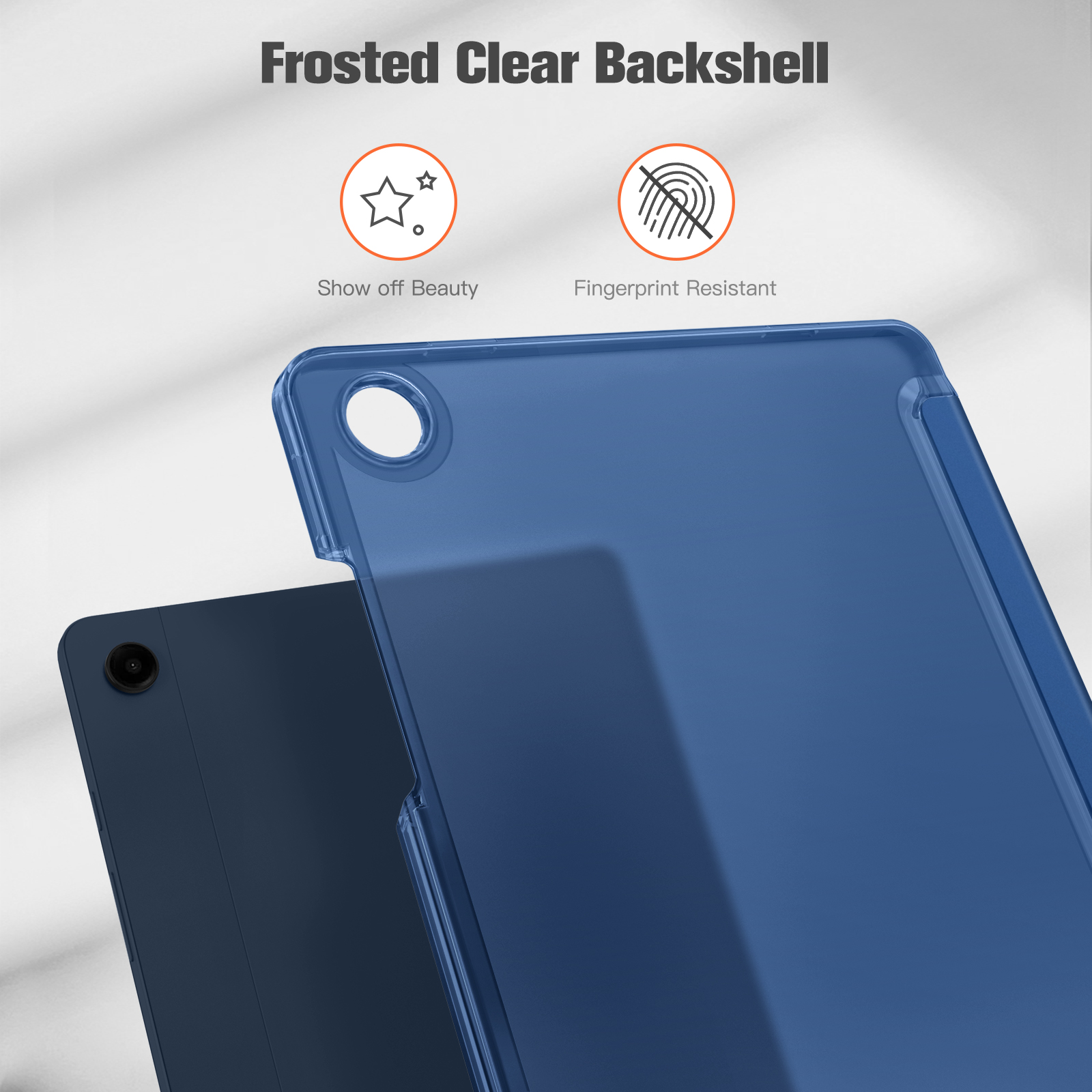Zwei blaue Tablet-Hüllen, transparente Front, weißer Hintergrund, mit Text.