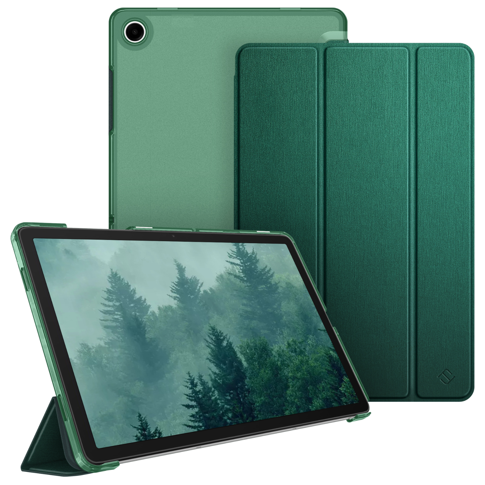 Ein grünes Tablet mit Wald-Bild, in einer grünen Hülle. Zwei weitere Hüllen sind sichtbar.
