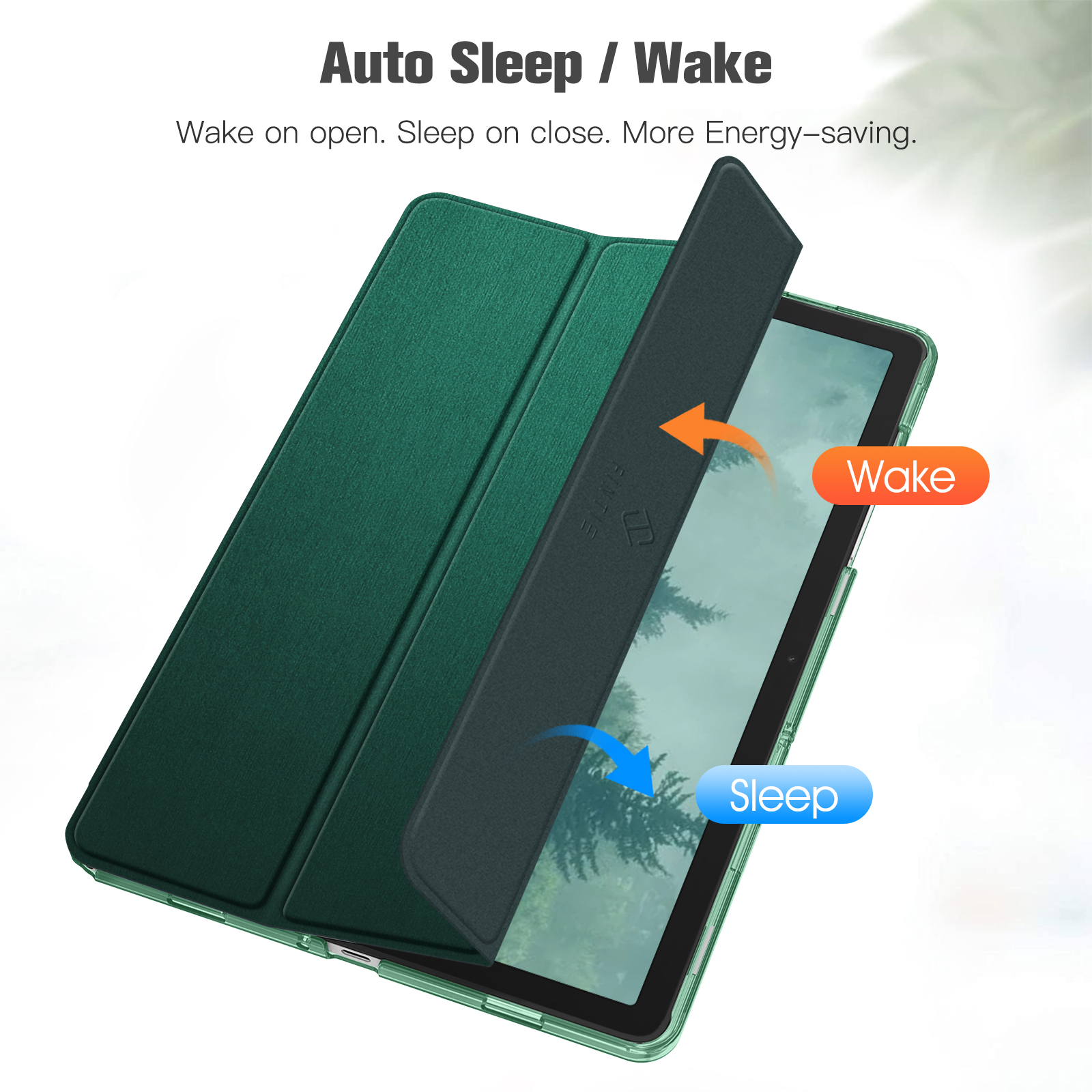 Eine grüne Tablethülle mit Tablet. Die Hülle öffnet sich, um den Tablet-Bildschirm zu zeigen. Text: Wake and Sleep.