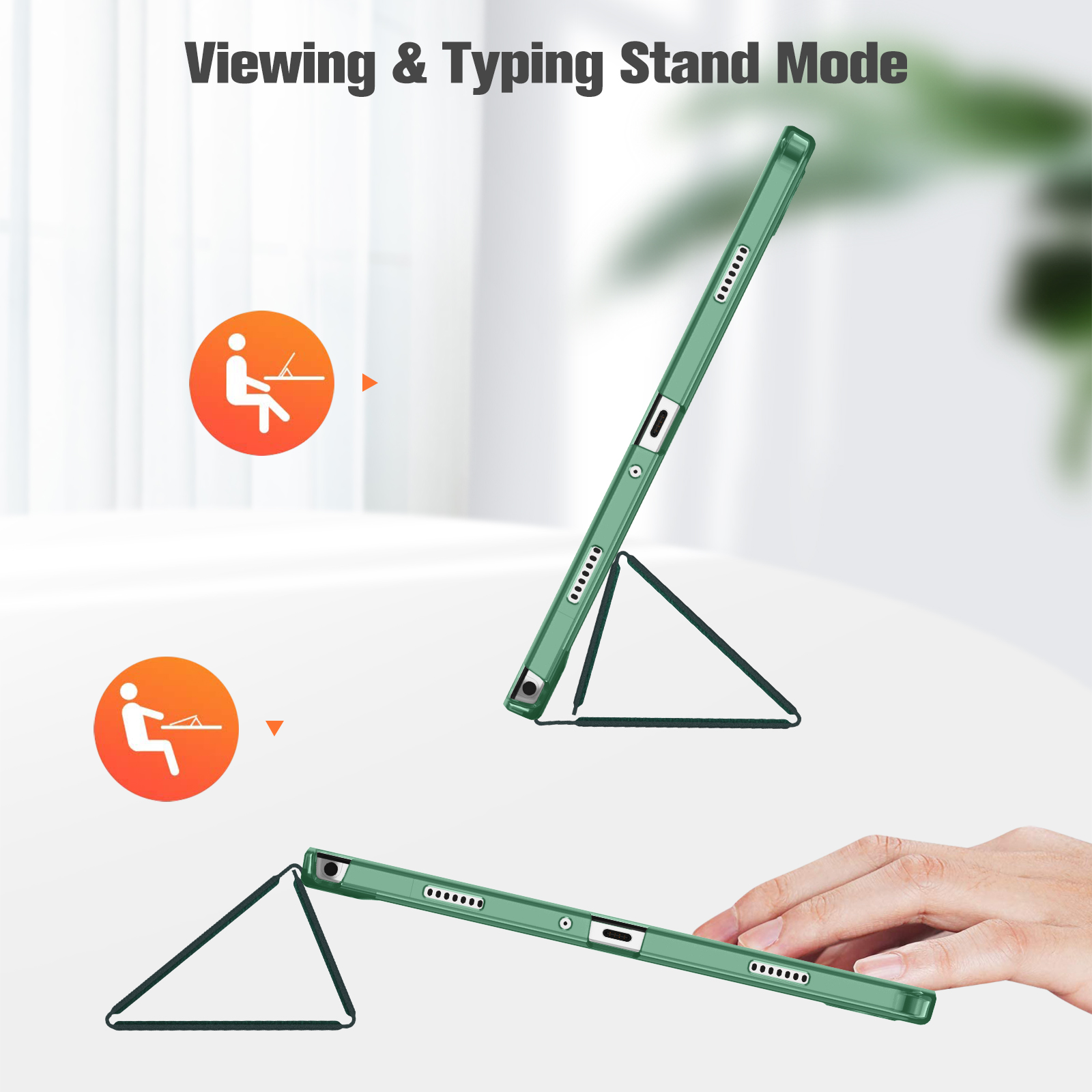 Eine grüne Tablet-Hülle, die zwei Standmodi zeigt, und eine Hand, die das Tablet hält.
