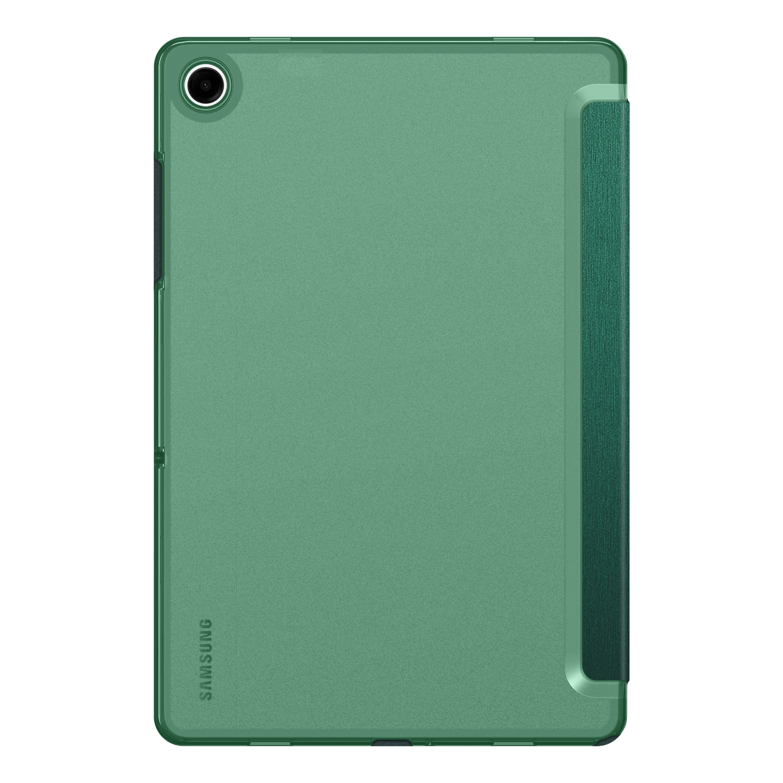 Ein grünes Samsung-Tablet mit Hülle. Das Tablet hat eine Kamera und abgerundete Ecken.