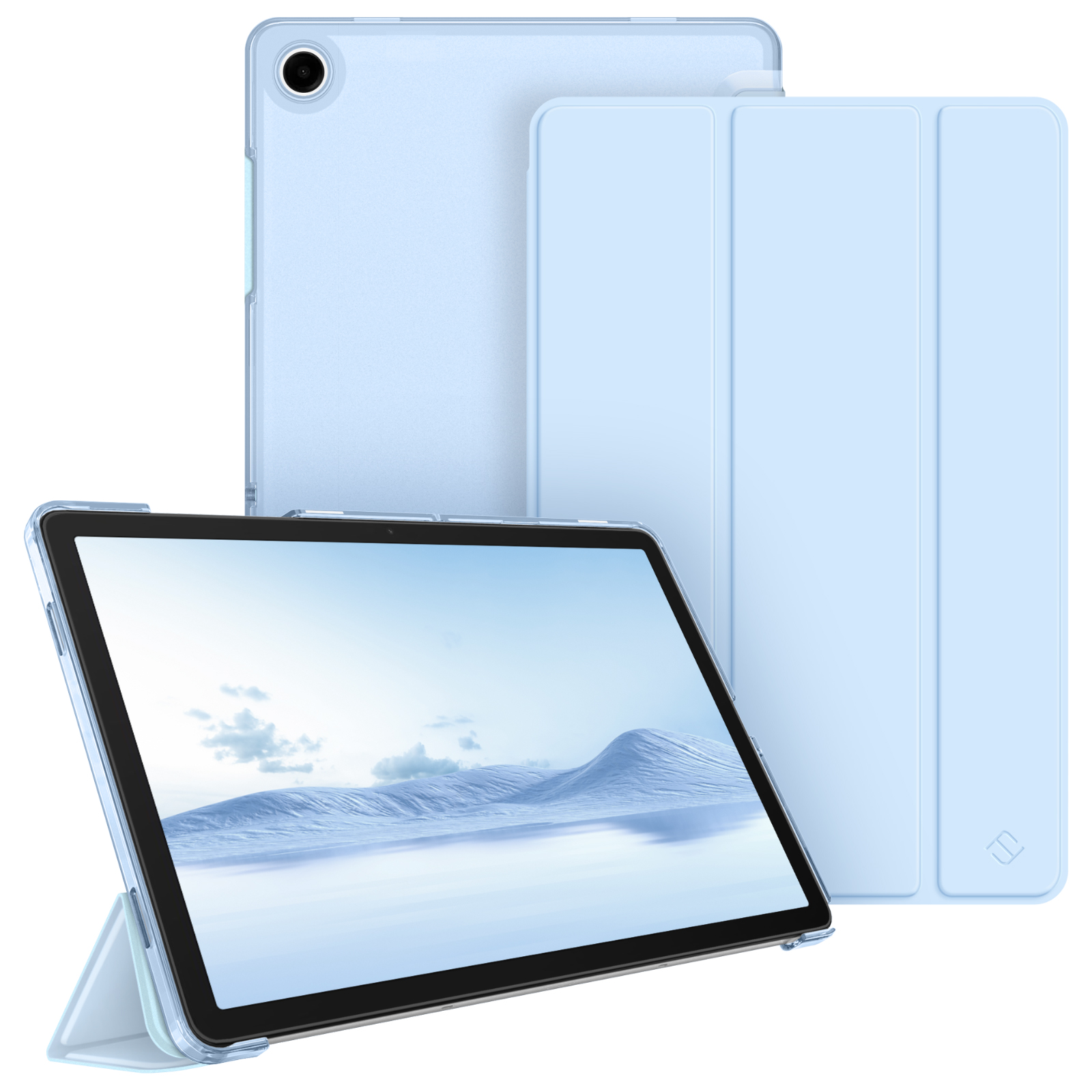Blaues Tablet mit Hülle, angewinkelt, Bildschirm zeigt Landschaftsszene.