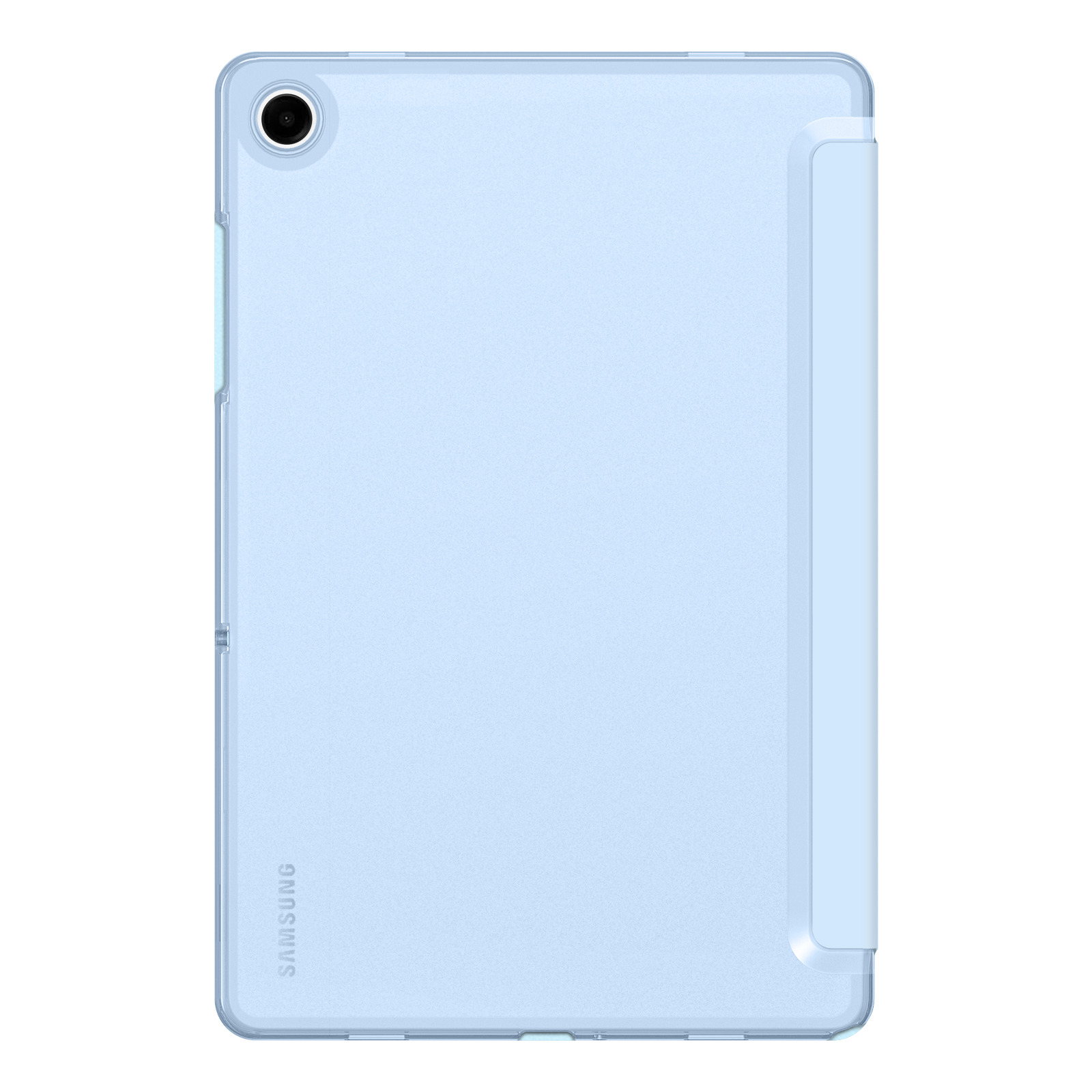 Ein hellblaues Samsung Tablet mit Hülle. Es hat eine Kamera und das Samsung-Logo.