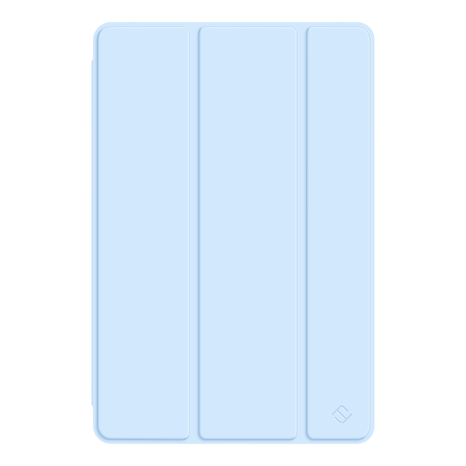 Eine hellblaue iPad-Hülle. Es ist eine dreifach gefaltete Hülle mit glatter Oberfläche und einem Logo in der Ecke.