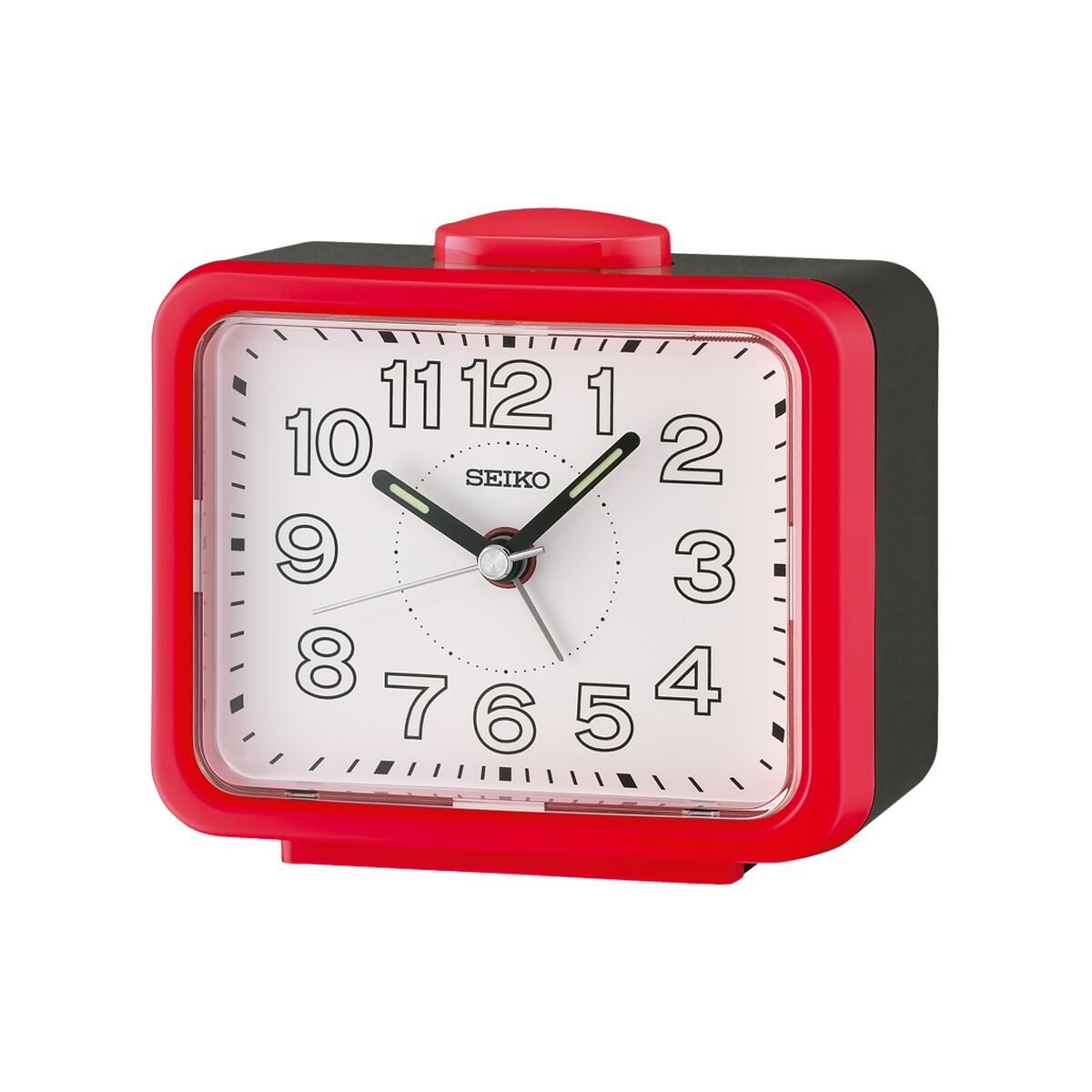 Roter und schwarzer Seiko Wecker mit weißem Zifferblatt und großen schwarzen Zahlen.