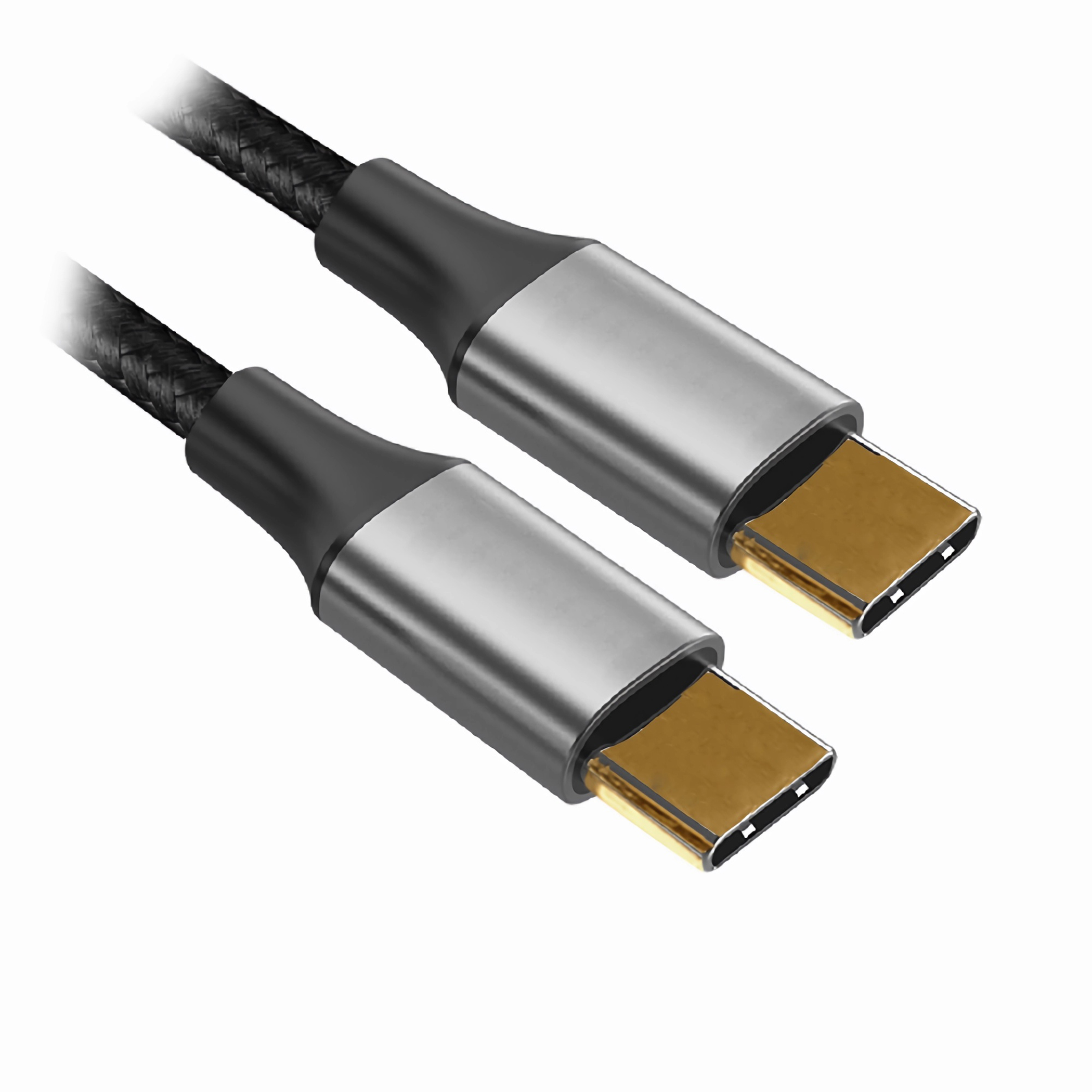 USB-C-Kabel mit silbernen Steckern und goldfarbenen Kontakten. Schwarzes geflochtenes Kabel.