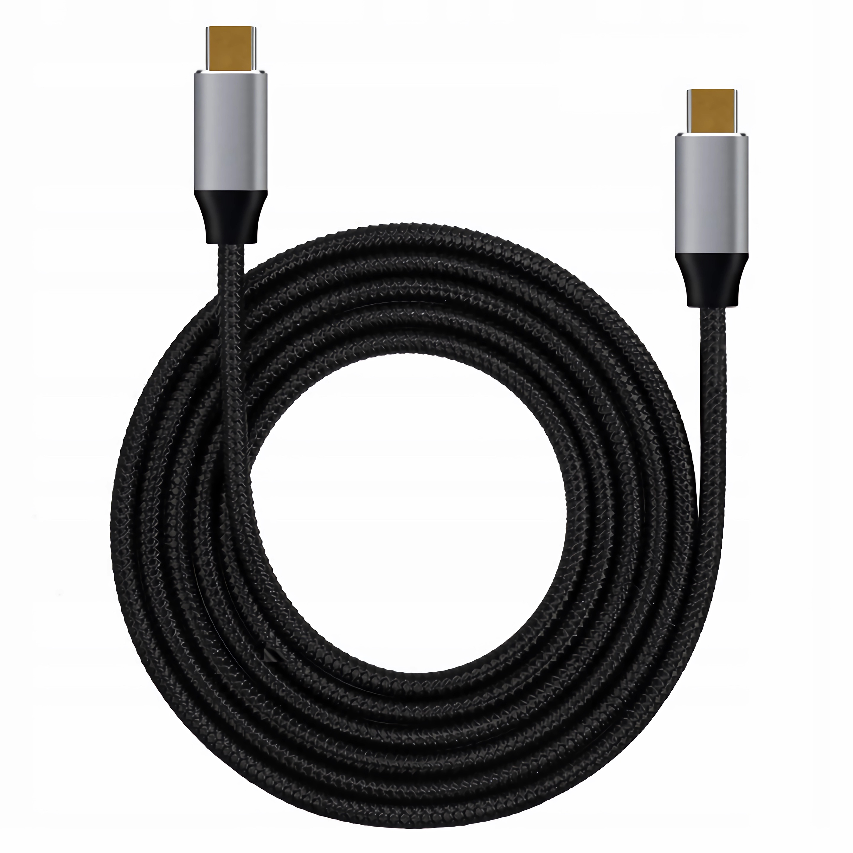 Ein schwarzes Kabel mit silbernen Anschlüssen an jedem Ende. Es ist auf weißem Grund gerollt.