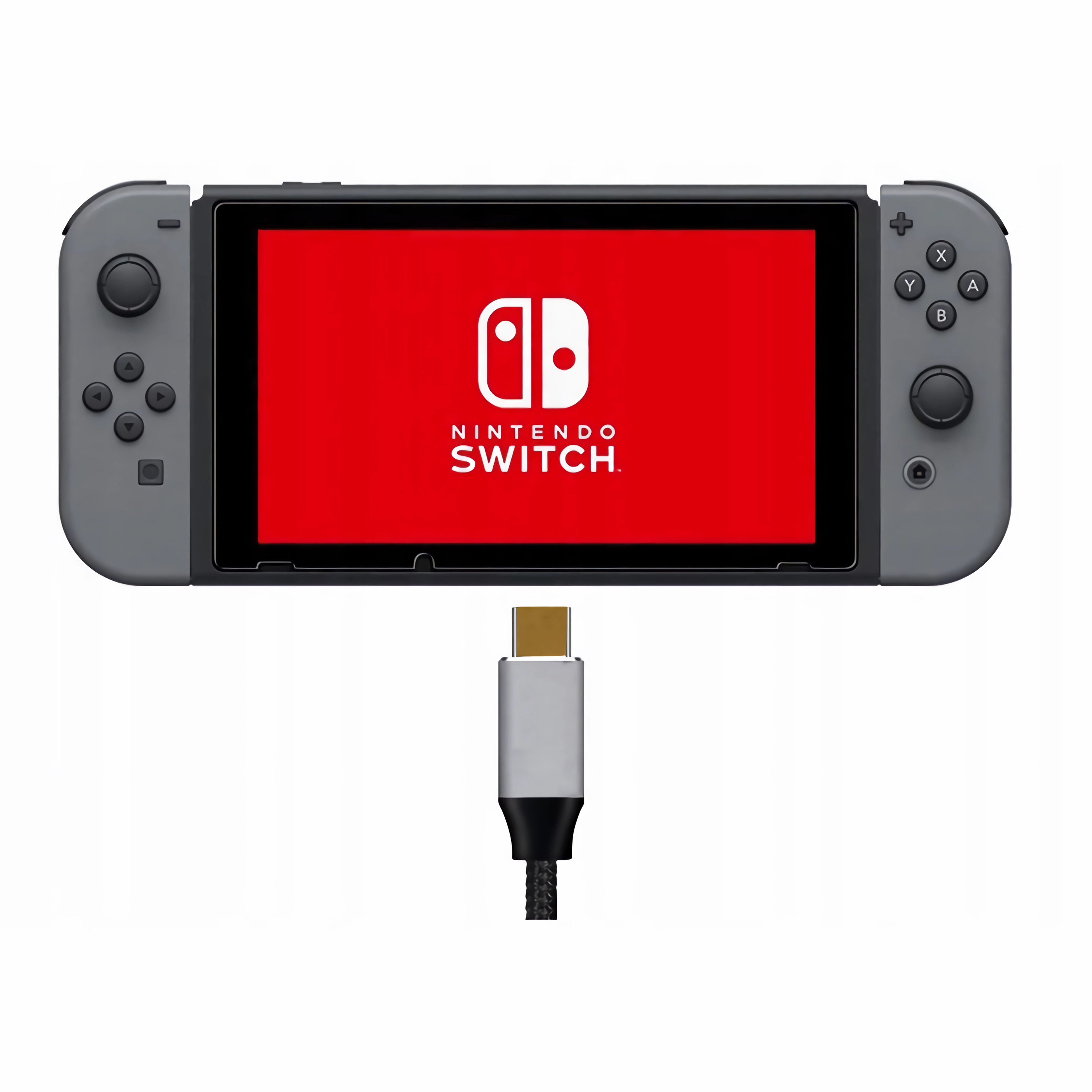Nintendo Switch Konsole mit rotem Bildschirm und angeschlossenem Ladekabel.