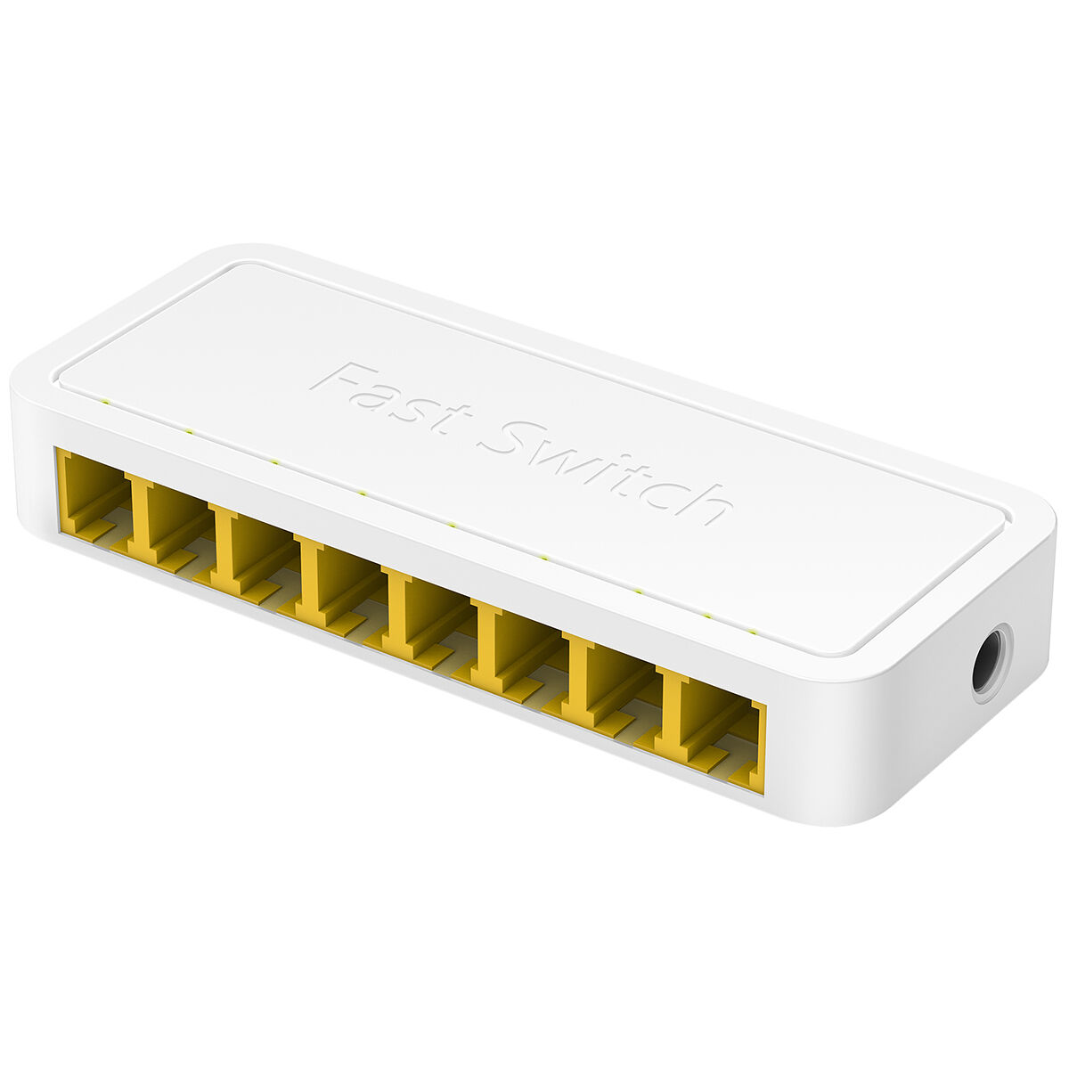 Witte Fast Switch-apparaat met gele poorten. Fast Switch staat bovenaan.