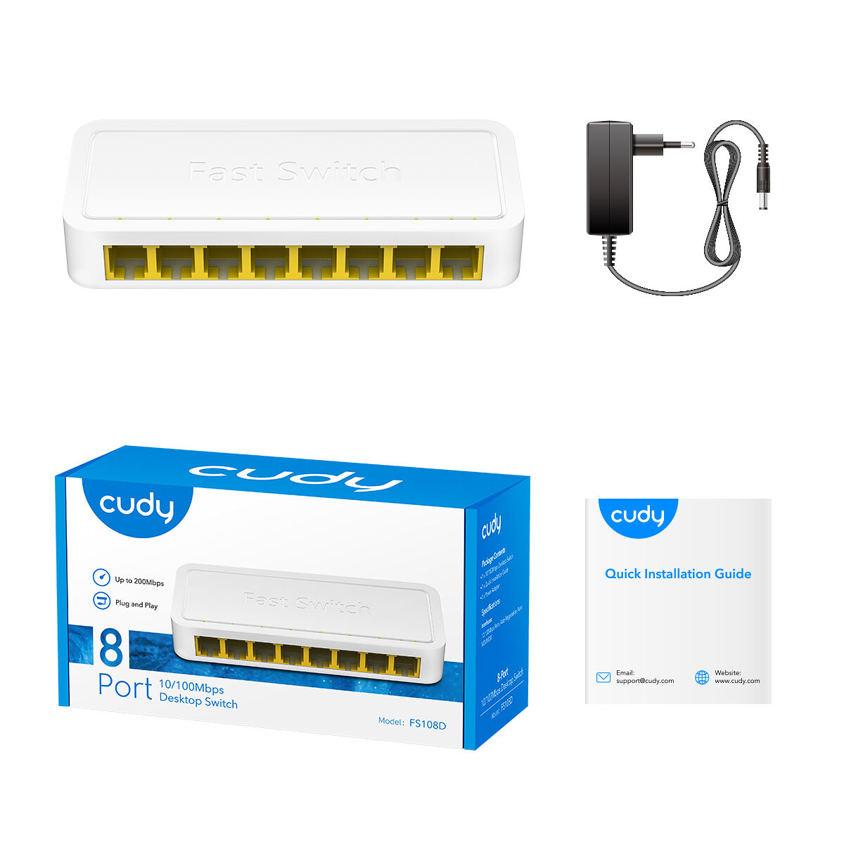 Witte 8-poorts desktop switch, doos, voedingsadapter en snelle installatiegids op een witte achtergrond.