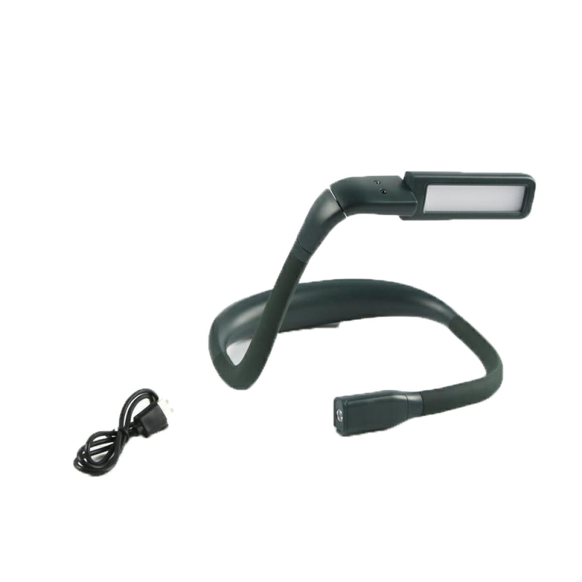 Eine flexible Nackenleselampe mit Leuchtkopf und USB-Ladekabel ist zu sehen.
