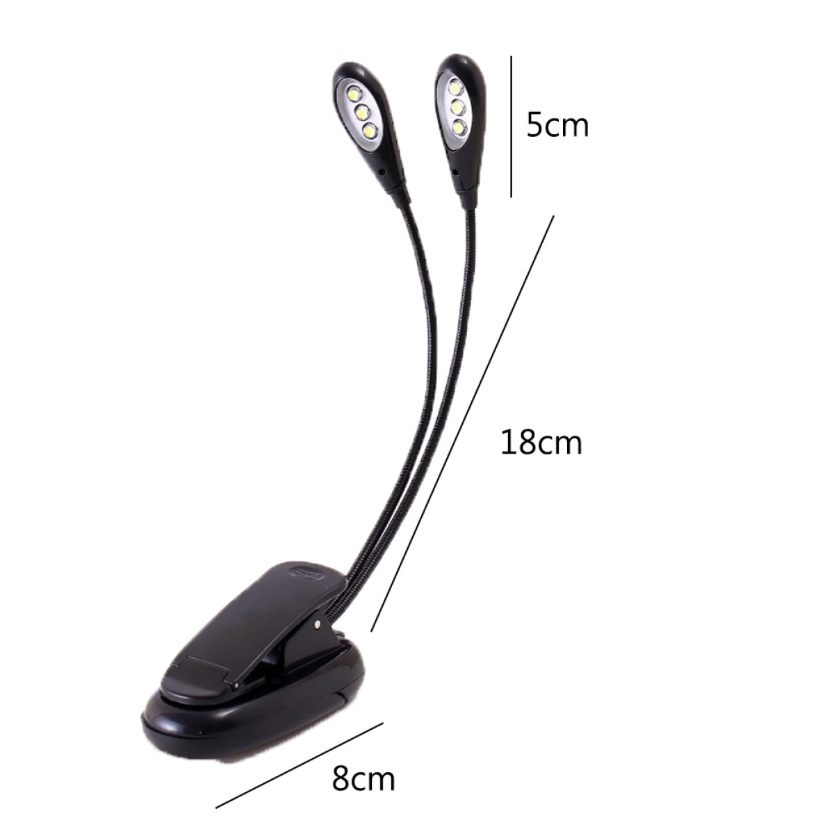 Eine schwarze Leseleuchte mit zwei LED-Leuchten und einem Clip. Maße sind angegeben.
