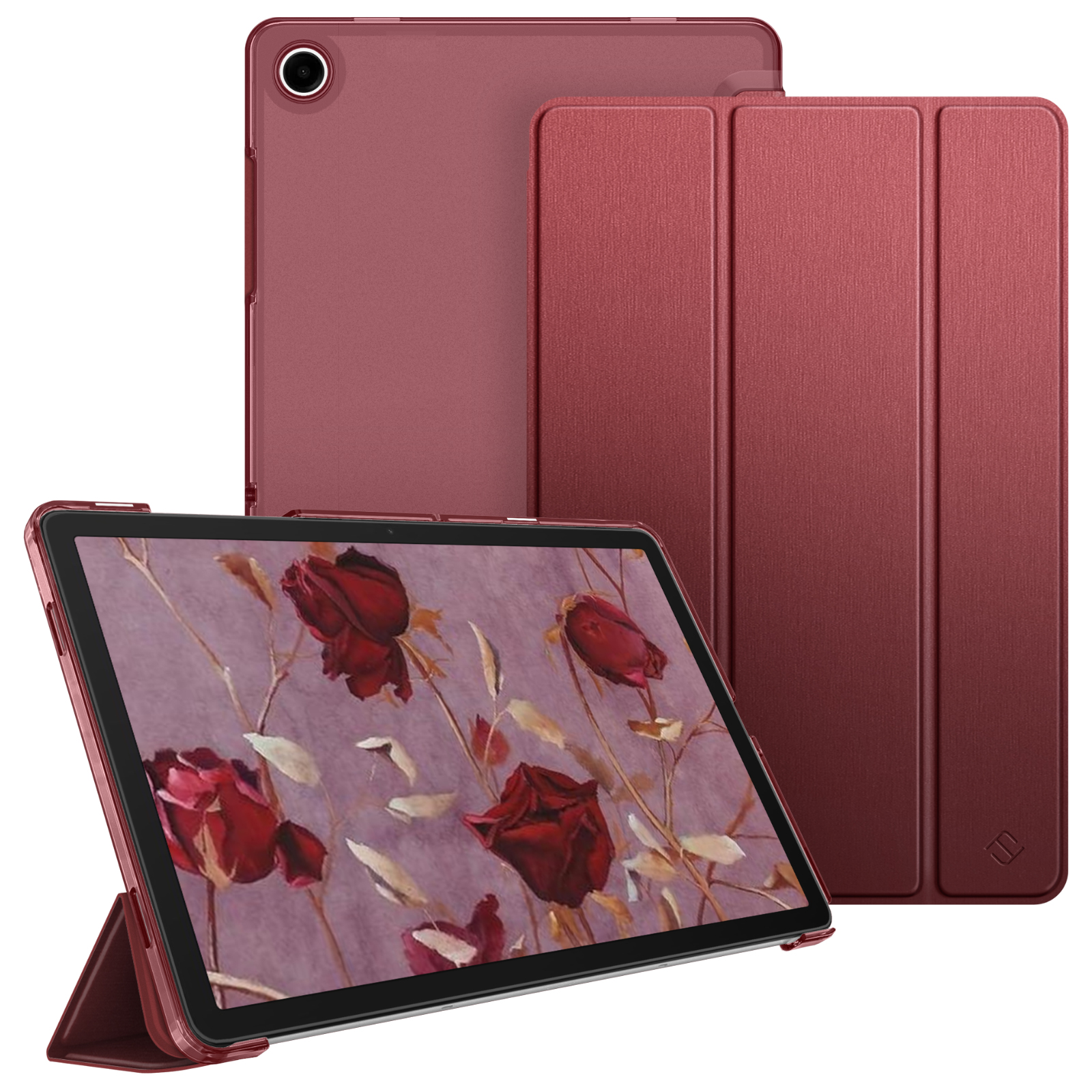 Ein rotes Tablet mit Hülle, stehend und geschlossen. Der Bildschirm zeigt ein Rosenbild. Die Hülle ist rot.
