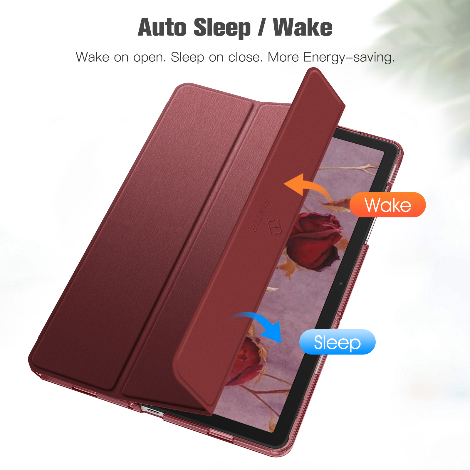 Rote Tablet-Hülle geöffnet, das Tablet zeigend. Die Hülle ist dunkelrot, mit Schlaf-/Weckfunktion.