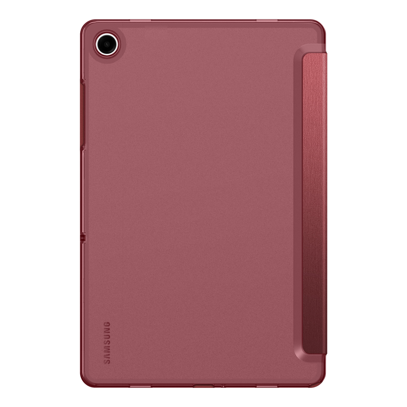 Eine rote Tablet-Hülle mit eingebautem Ständer. Es ist eine Samsung Tablet-Hülle mit Kameraaussparung.