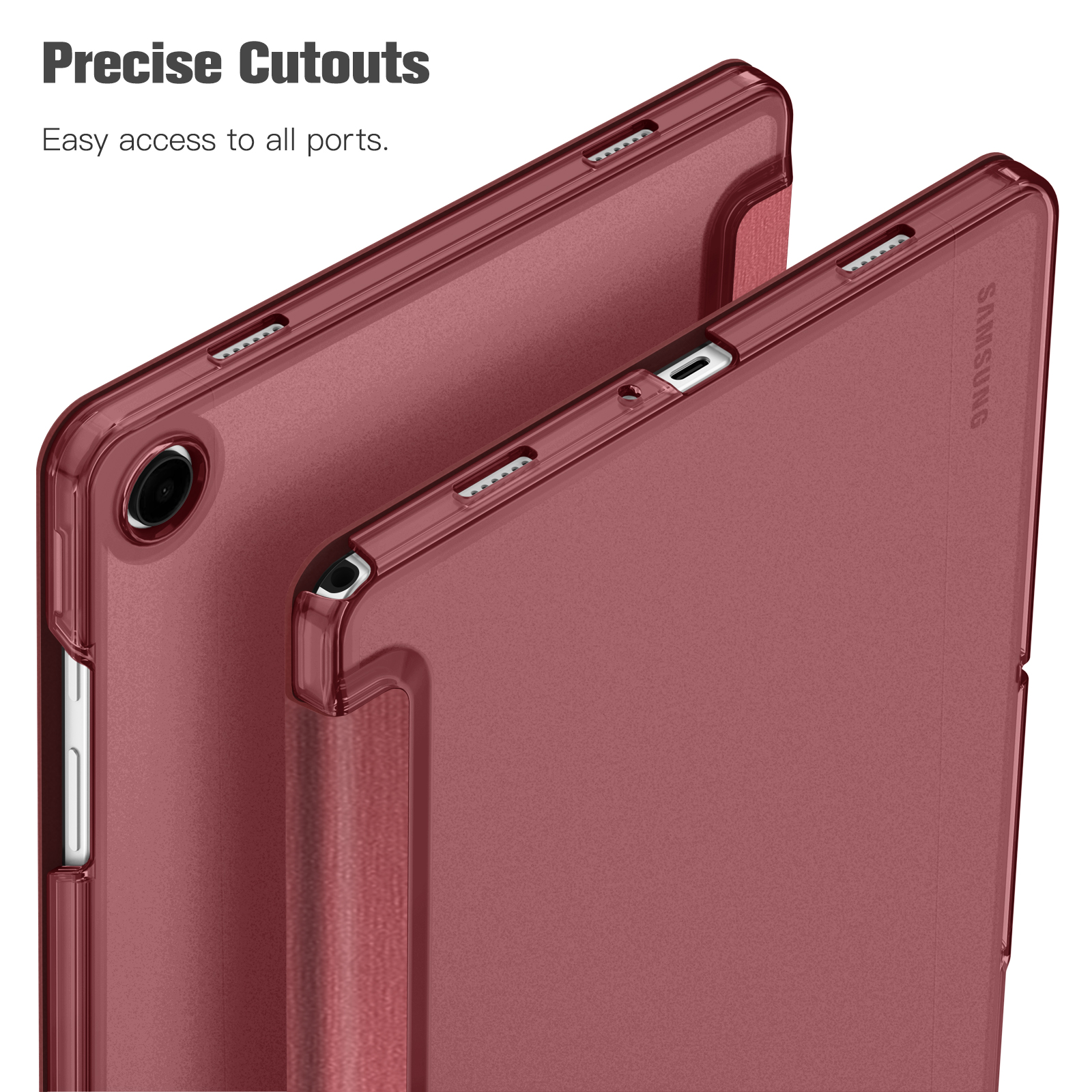 Zwei weinrote Tablet-Hüllen mit dem Text 'Precise Cutouts' und 'Easy access to all ports'.