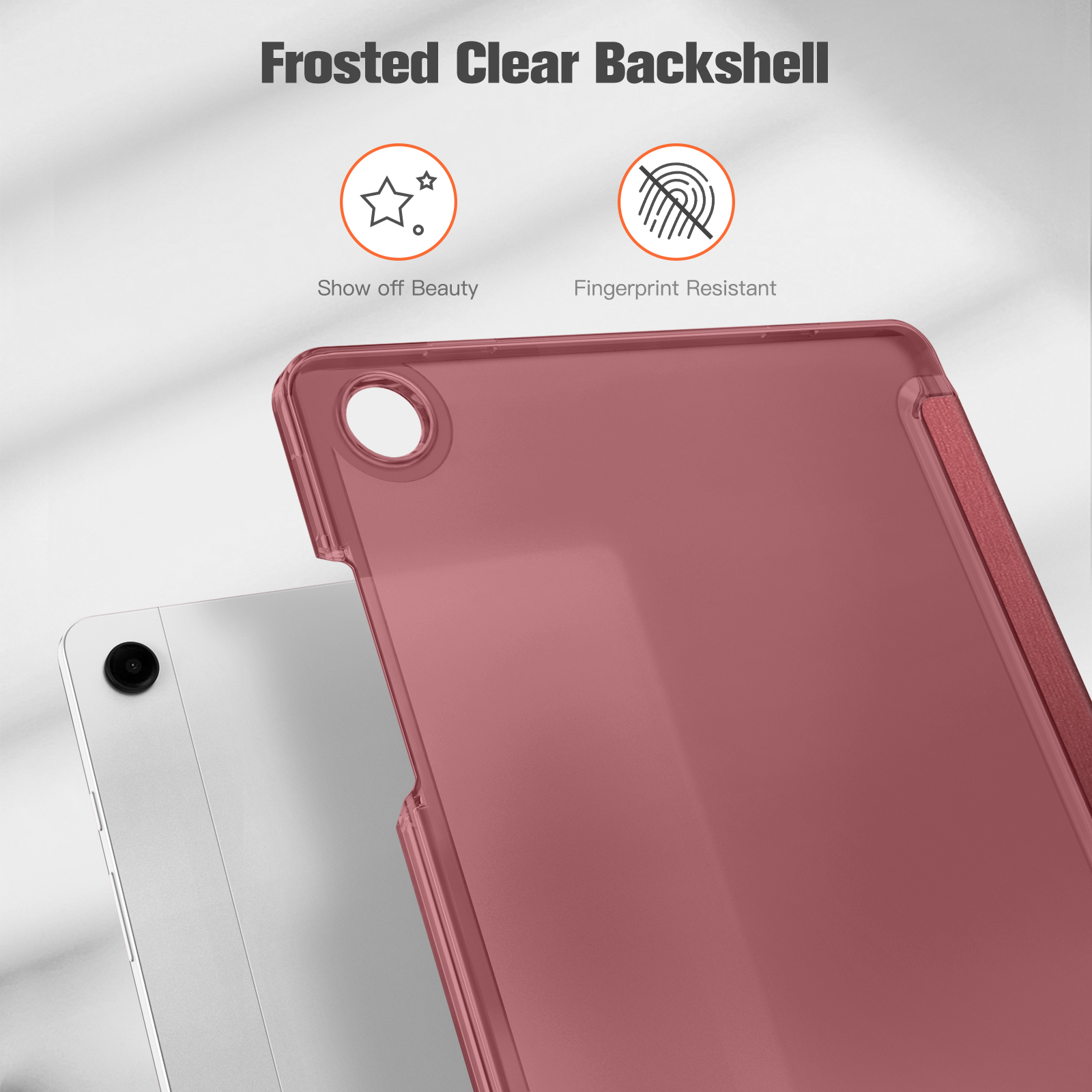 Eine rosa Tablet-Hülle mit dem Text 'Frosted Clear Backshell' und zwei Symbolen.