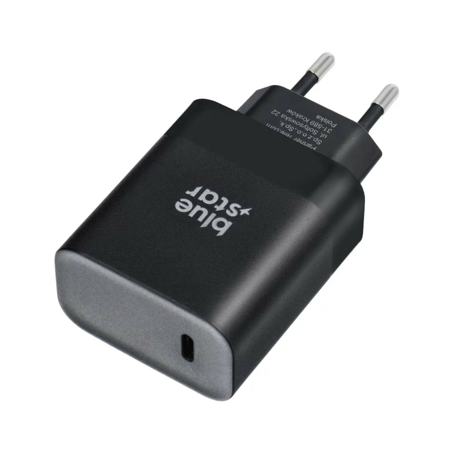 Ein schwarzes und graues Blue Star Ladegerät mit USB-C-Anschluss, auf weißem Hintergrund, mit Eurostecker.