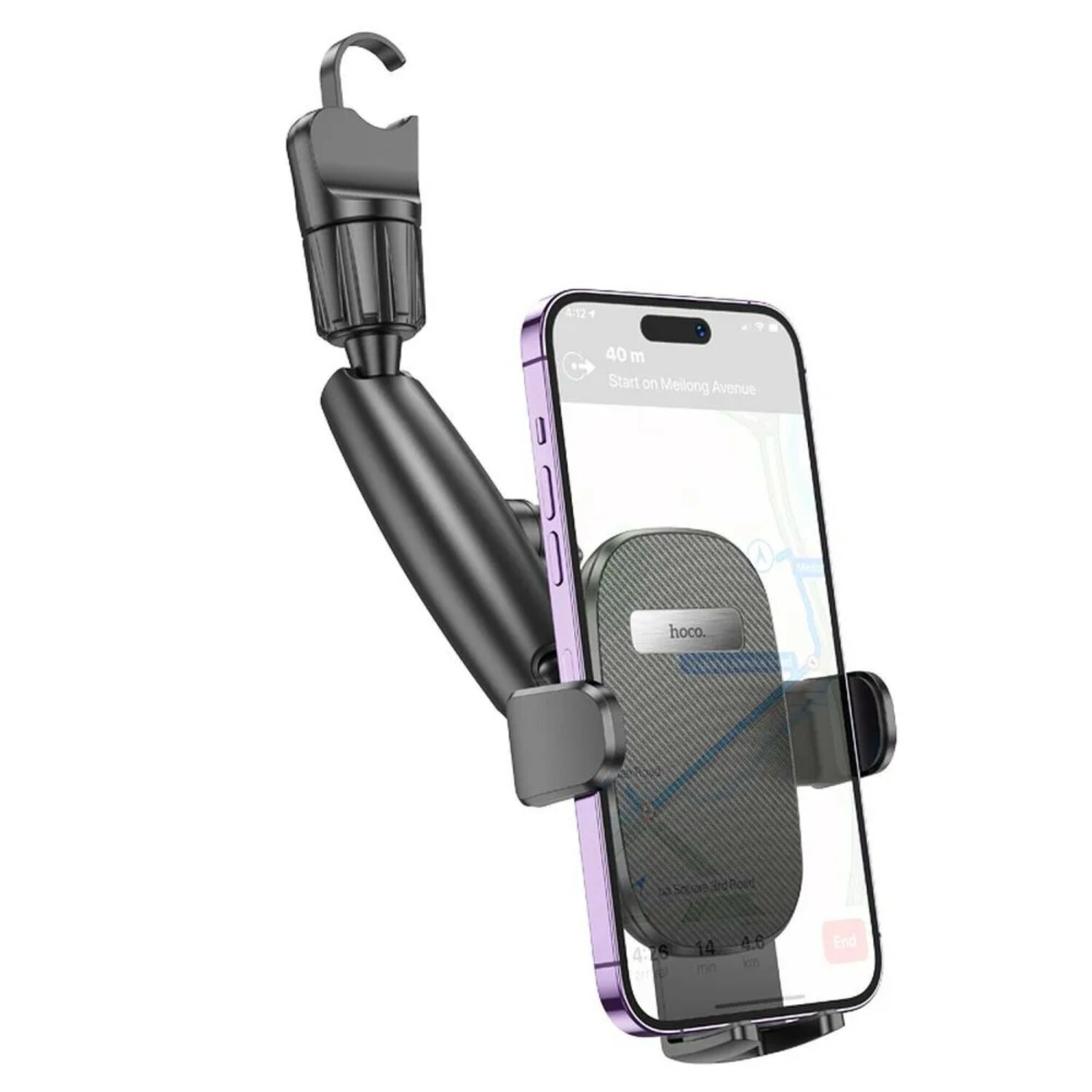Schwarze Autotelefonhalterung mit einem Telefon, das eine Karte zeigt. Weißer Hintergrund.