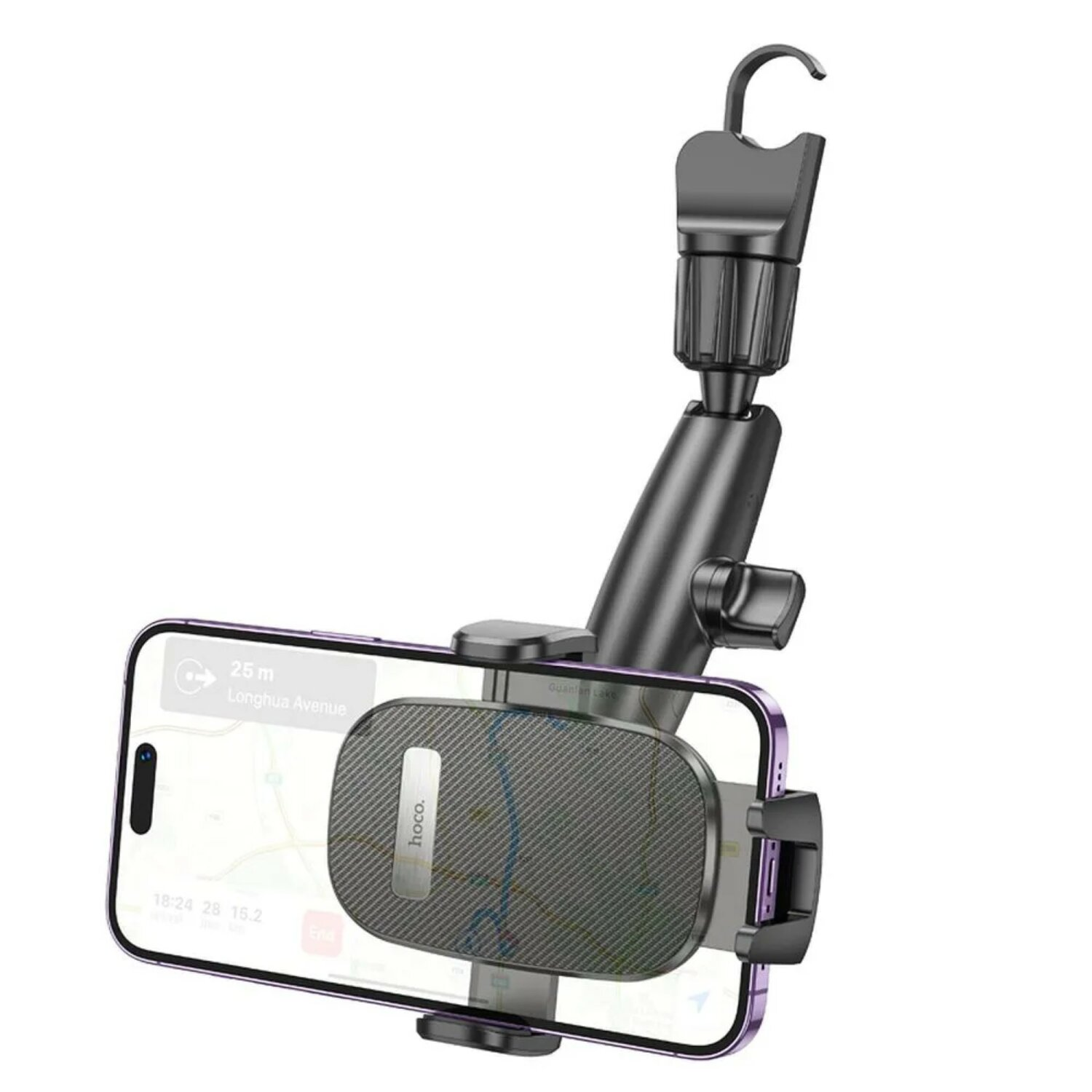 KFZ-Telefonhalter mit Telefon, das eine Karte anzeigt, in Schwarz- und Grautönen.