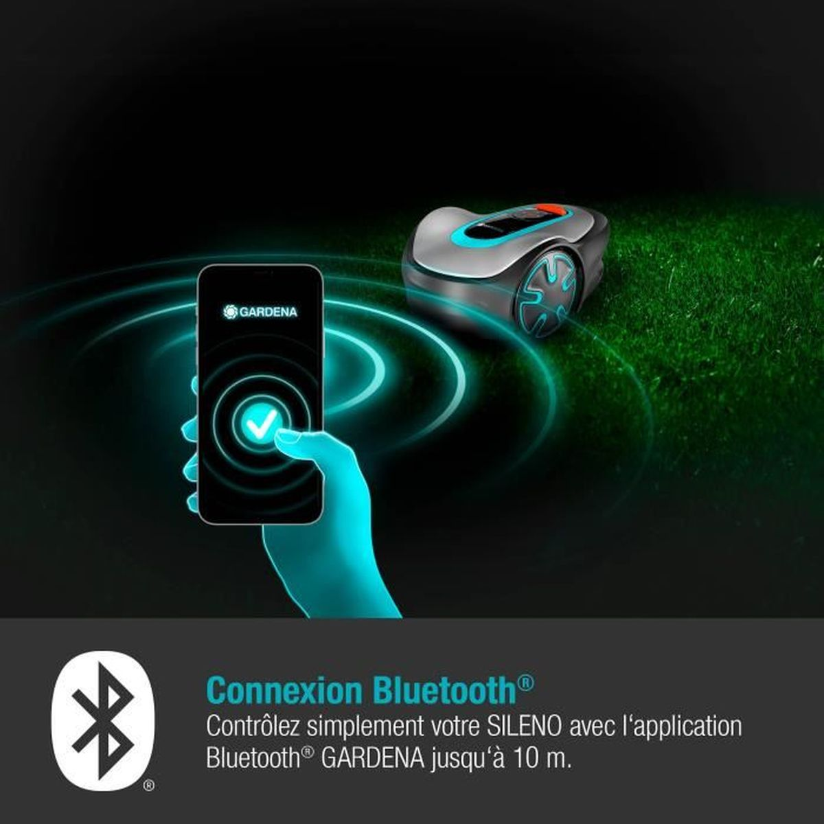 Gardena Mähroboter, gesteuert per Smartphone via Bluetooth. Zeigt Mäher, Telefon und Verbindungslogo.