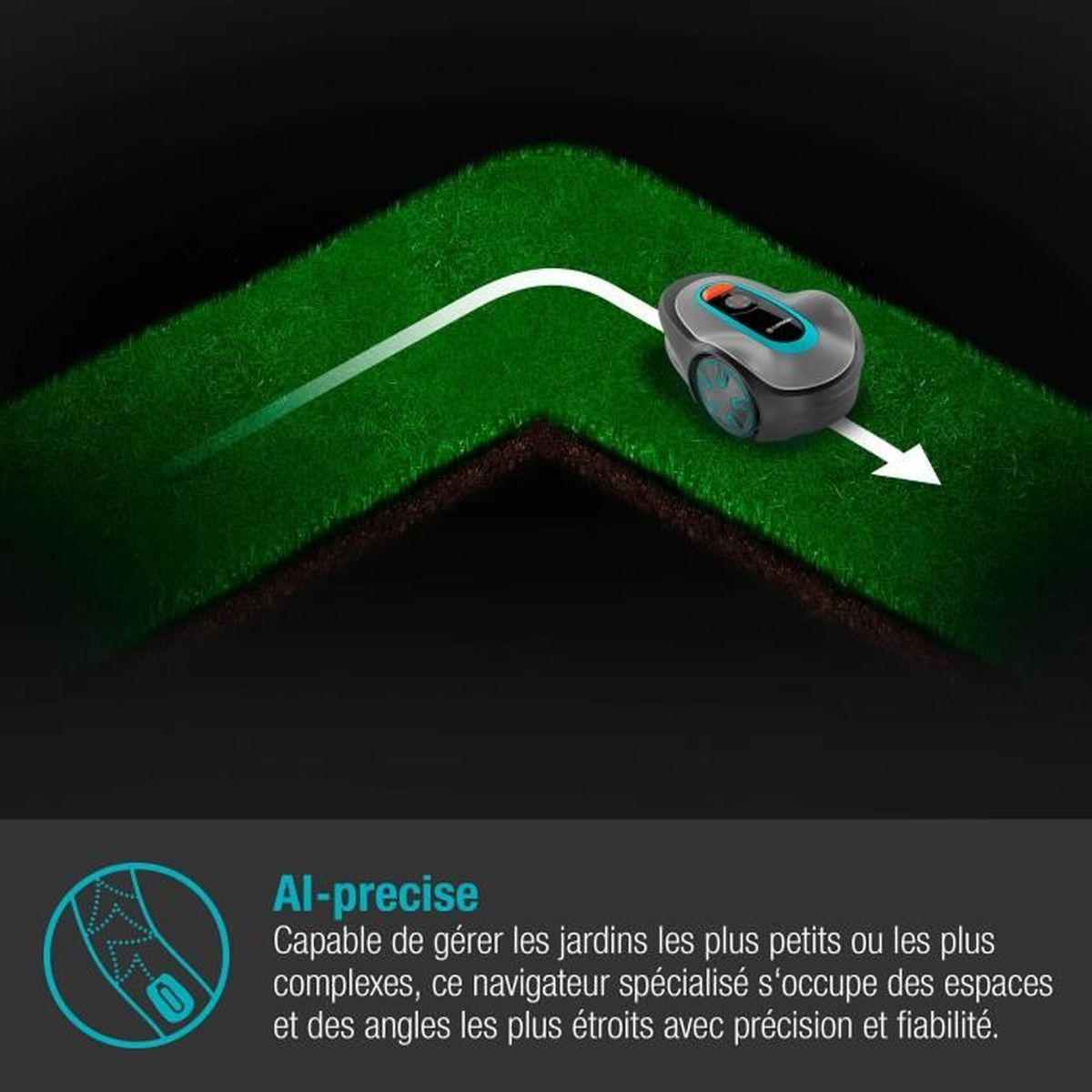 Ein Roboter-Rasenmäher auf einem grünen Rasen mit einem Pfeil, der seinen Weg zeigt. Text in der Ecke.