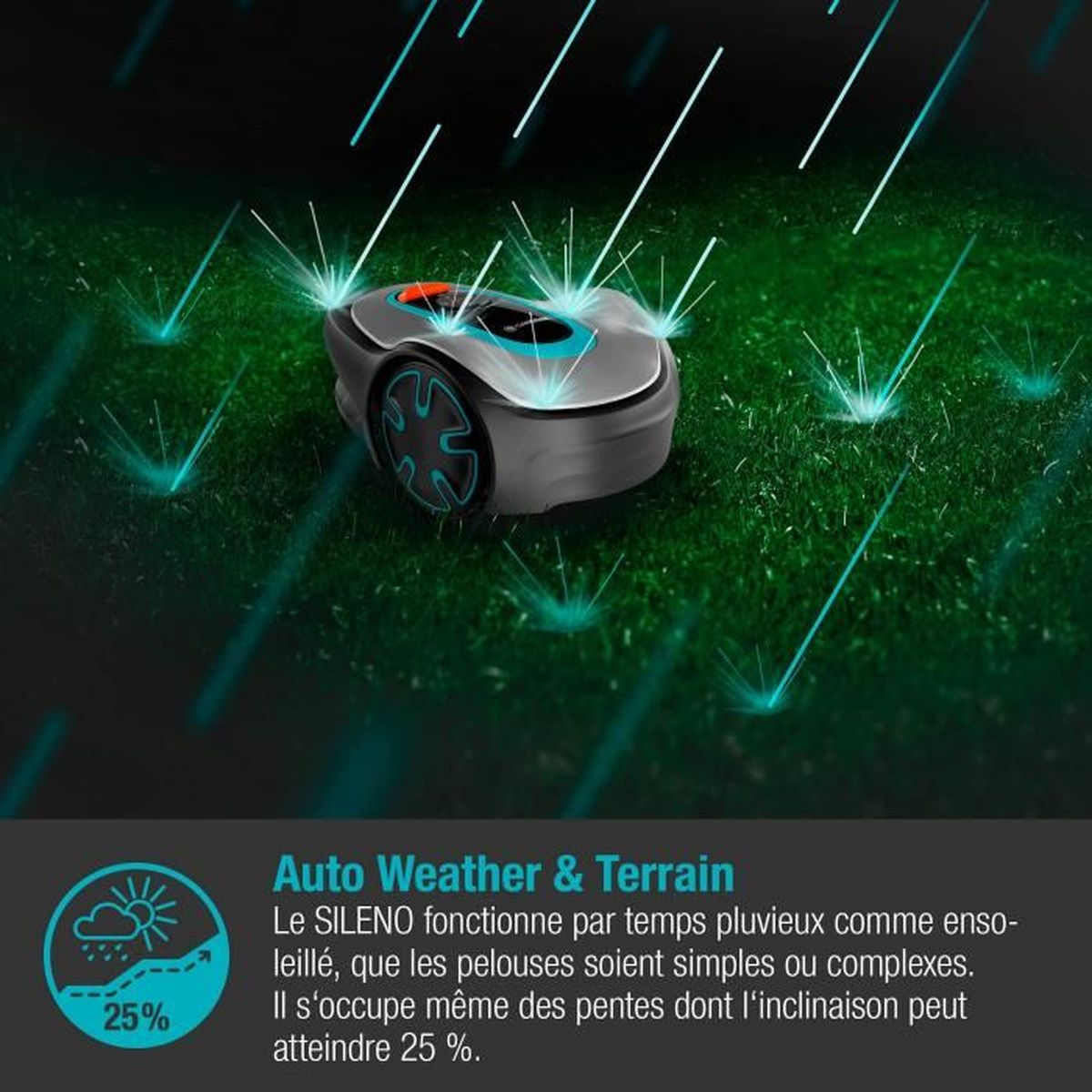 Mähroboter auf grünem Gras mit Wassersprengern. Text: Auto Wetter & Gelände. Text über Regen und Hänge.